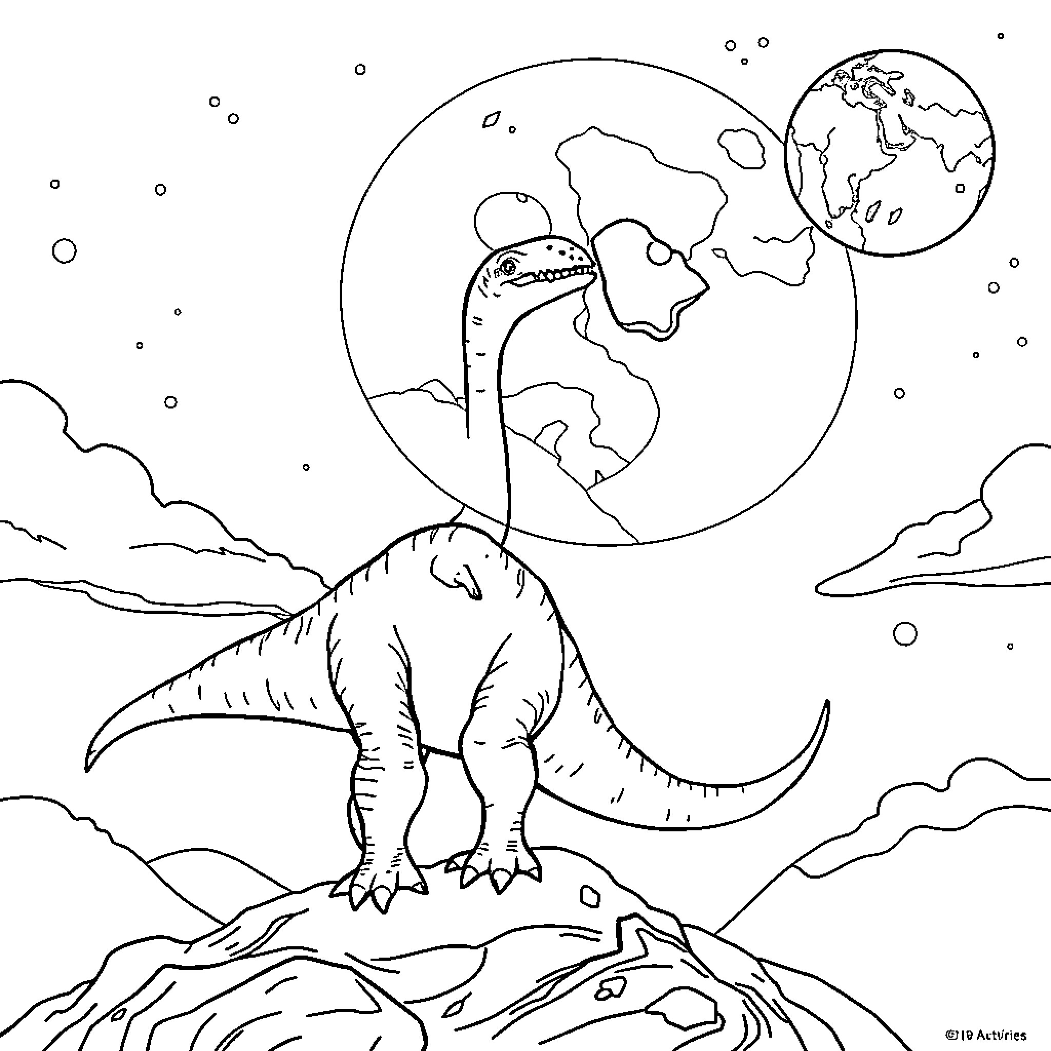 Diplodocus exploring prehistoric landscape under the stars Coloring Page (free black-and-white line drawing printable PDF for all, from beginners to advanced learners, including children, teens, adults, and seniors)