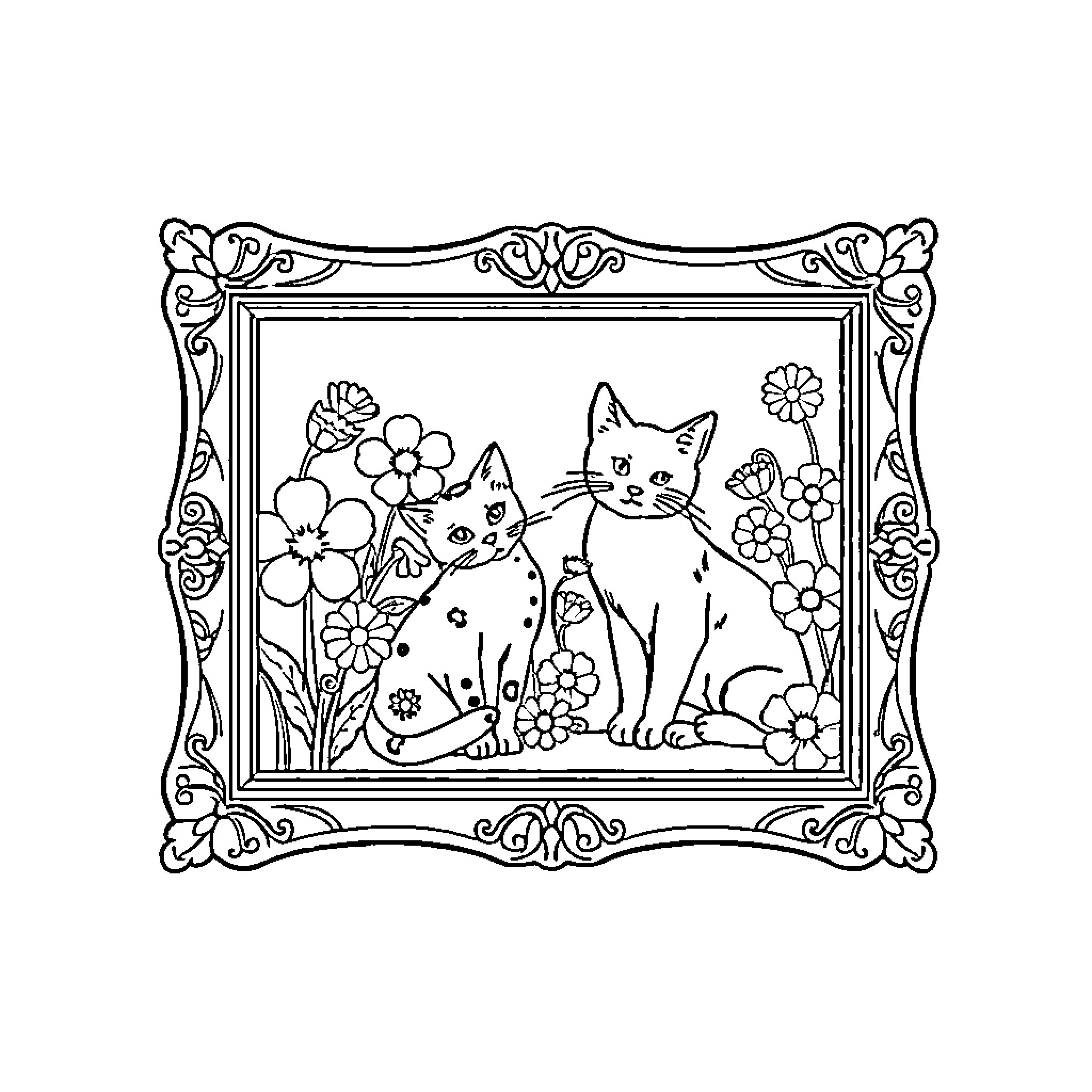 Frame of Playful Kittens in Floral Landscape Coloring Page (free black-and-white line drawing printable PDF for all, from beginners to advanced learners, including children, teens, adults, and seniors)