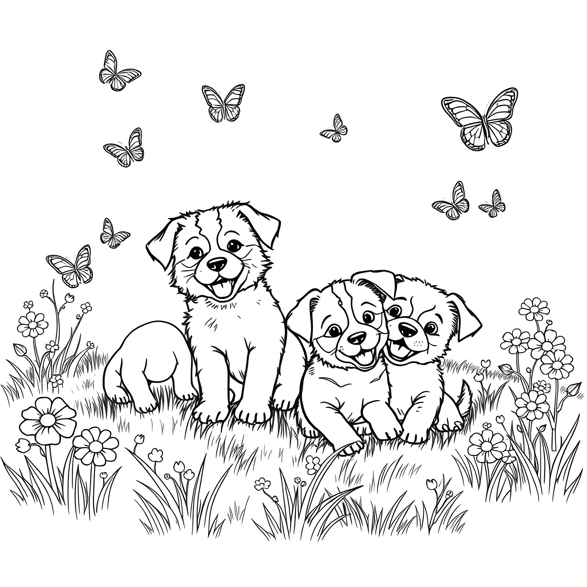 Puppies playing joyfully with butterflies in the garden Coloring Page (free black-and-white line drawing printable PDF for all, from beginners to advanced learners, including children, teens, adults, and seniors)