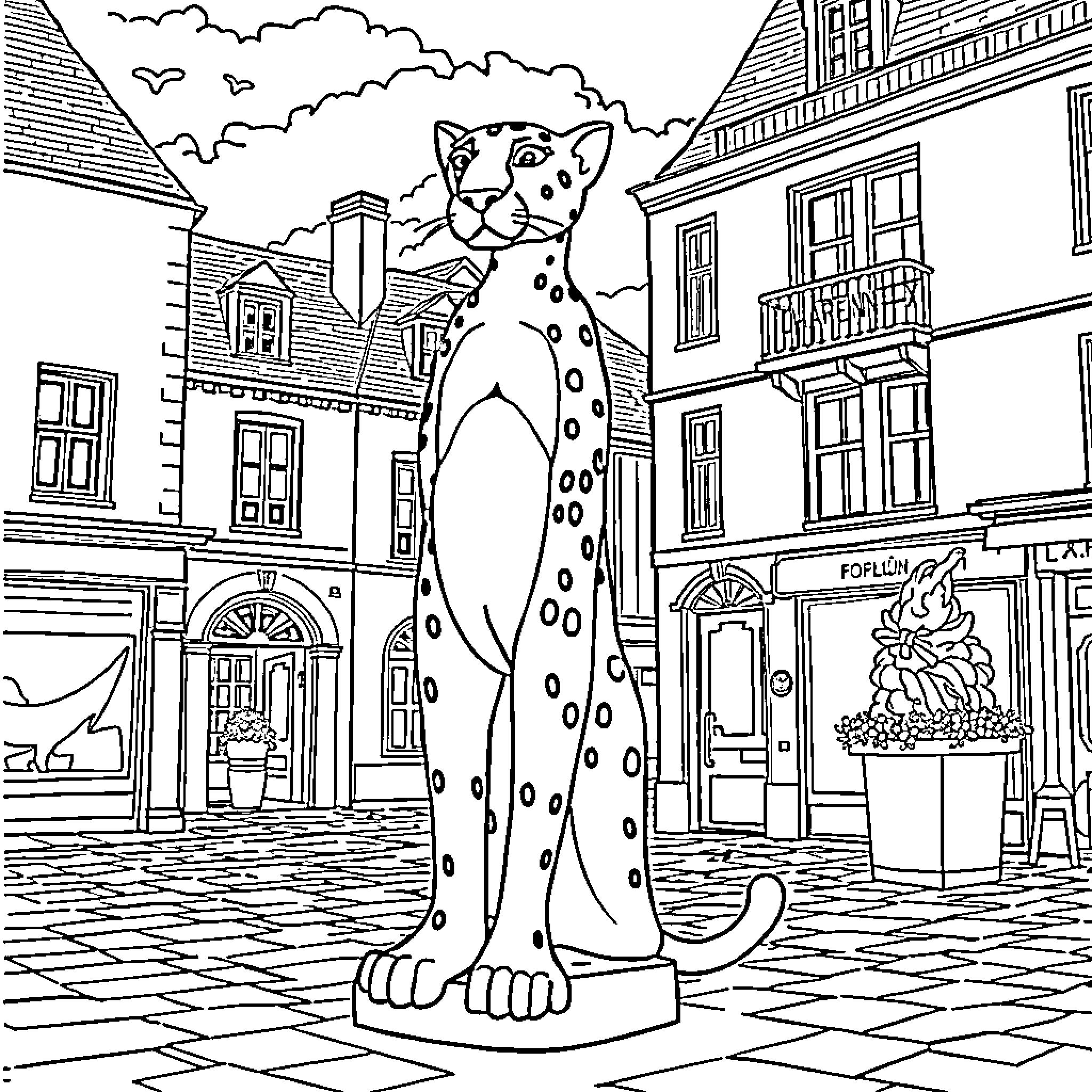 Panther standing tall in a city square Coloring Page (free black-and-white line drawing printable PDF for all, from beginners to advanced learners, including children, teens, adults, and seniors)