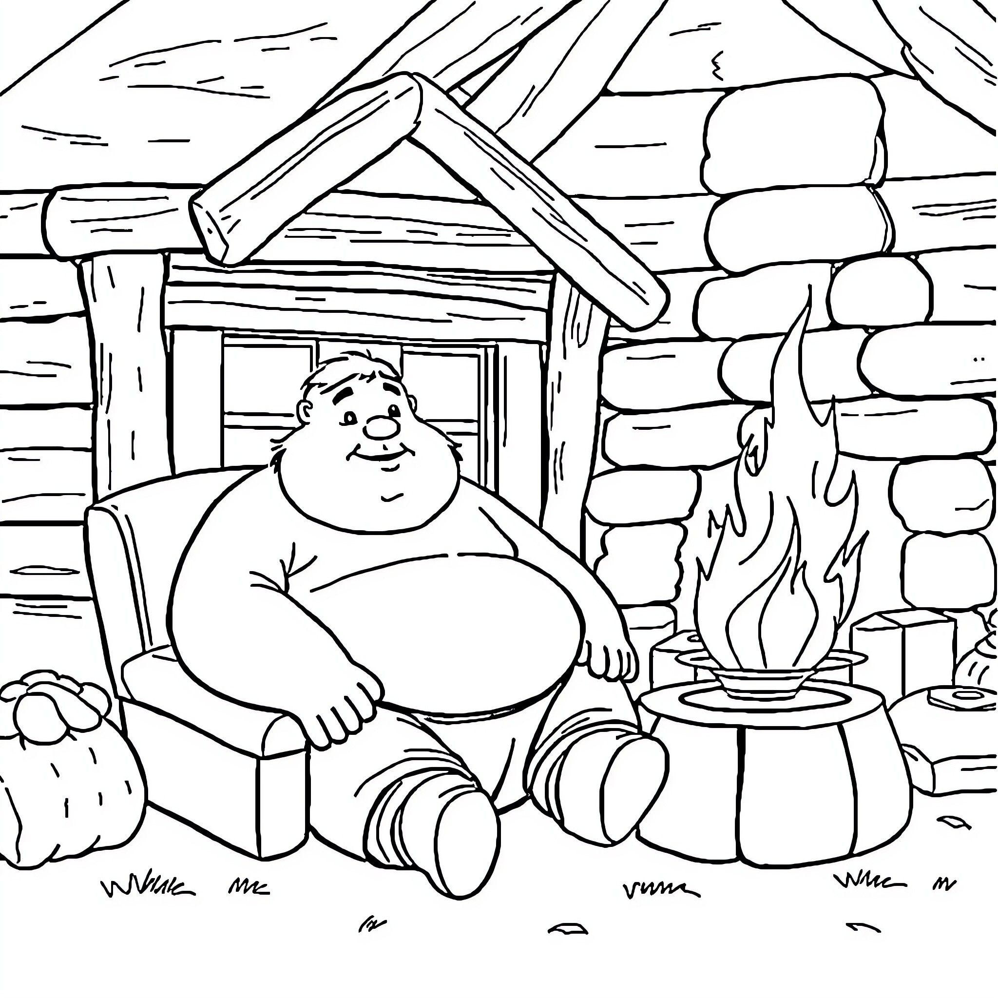 Guy relaxing by the campfire in a cozy cabin Coloring Page (free black-and-white line drawing printable PDF for all, from beginners to advanced learners, including children, teens, adults, and seniors)
