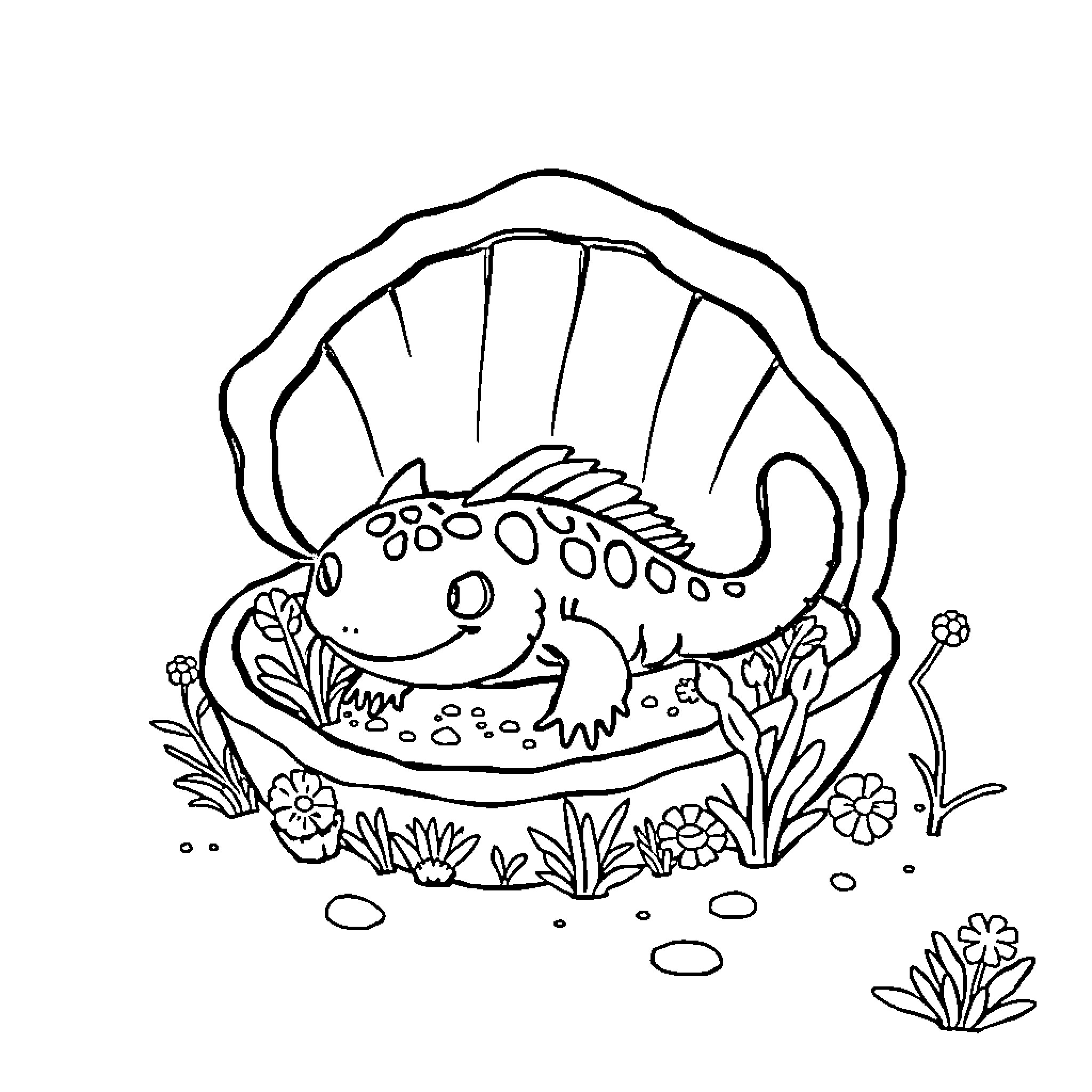 Axolotl swimming among underwater flora Coloring Page (free black-and-white line drawing printable PDF for all, from beginners to advanced learners, including children, teens, adults, and seniors)