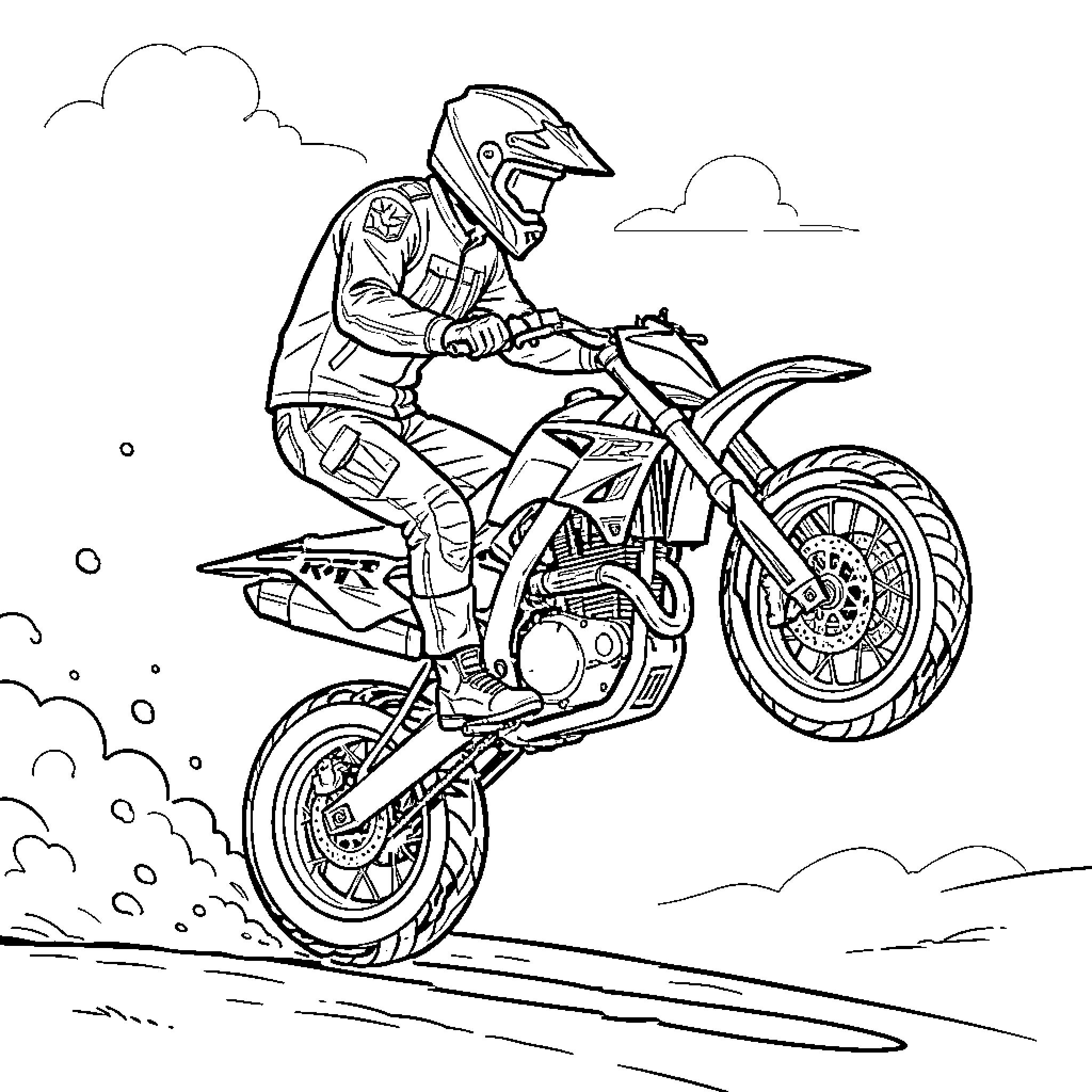 Surron rider performing a wheelie on a dirt track Coloring Page (free black-and-white line drawing printable PDF for all, from beginners to advanced learners, including children, teens, adults, and seniors)