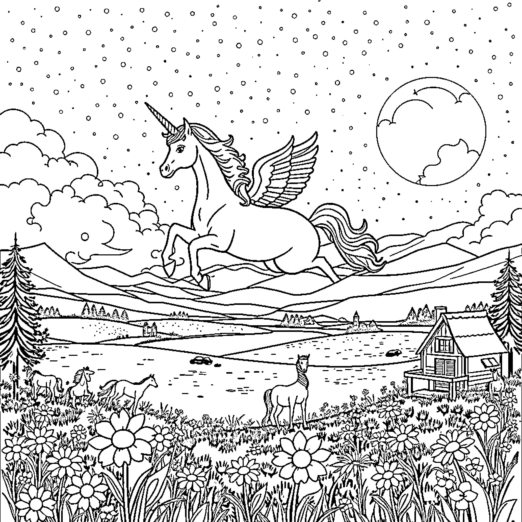 Unicorn soaring through the starry night sky Coloring Page (free black-and-white line drawing printable PDF for all, from beginners to advanced learners, including children, teens, adults, and seniors)