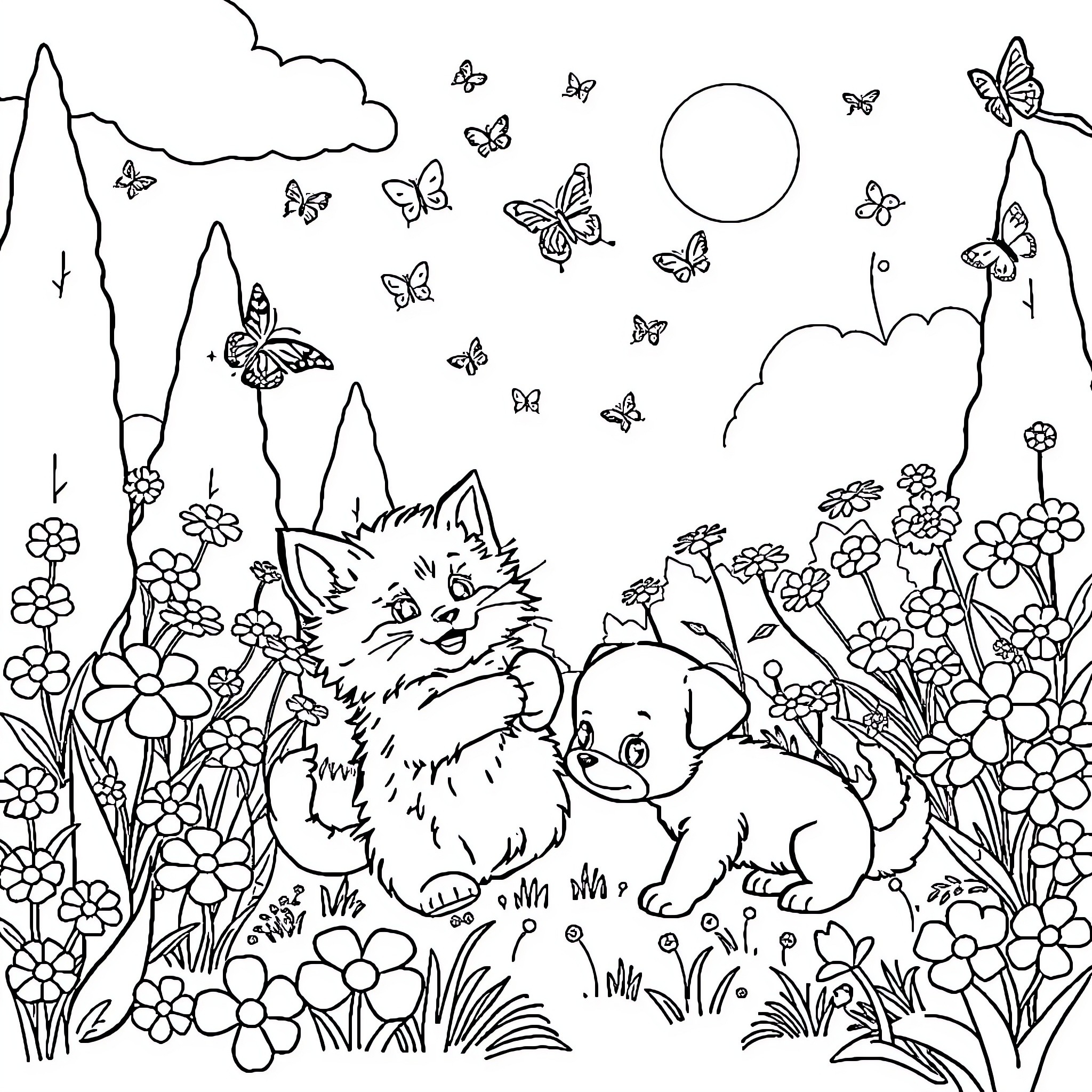 Kittens playing in a flowery meadow with butterflies Coloring Page (free black-and-white line drawing printable PDF for all, from beginners to advanced learners, including children, teens, adults, and seniors)