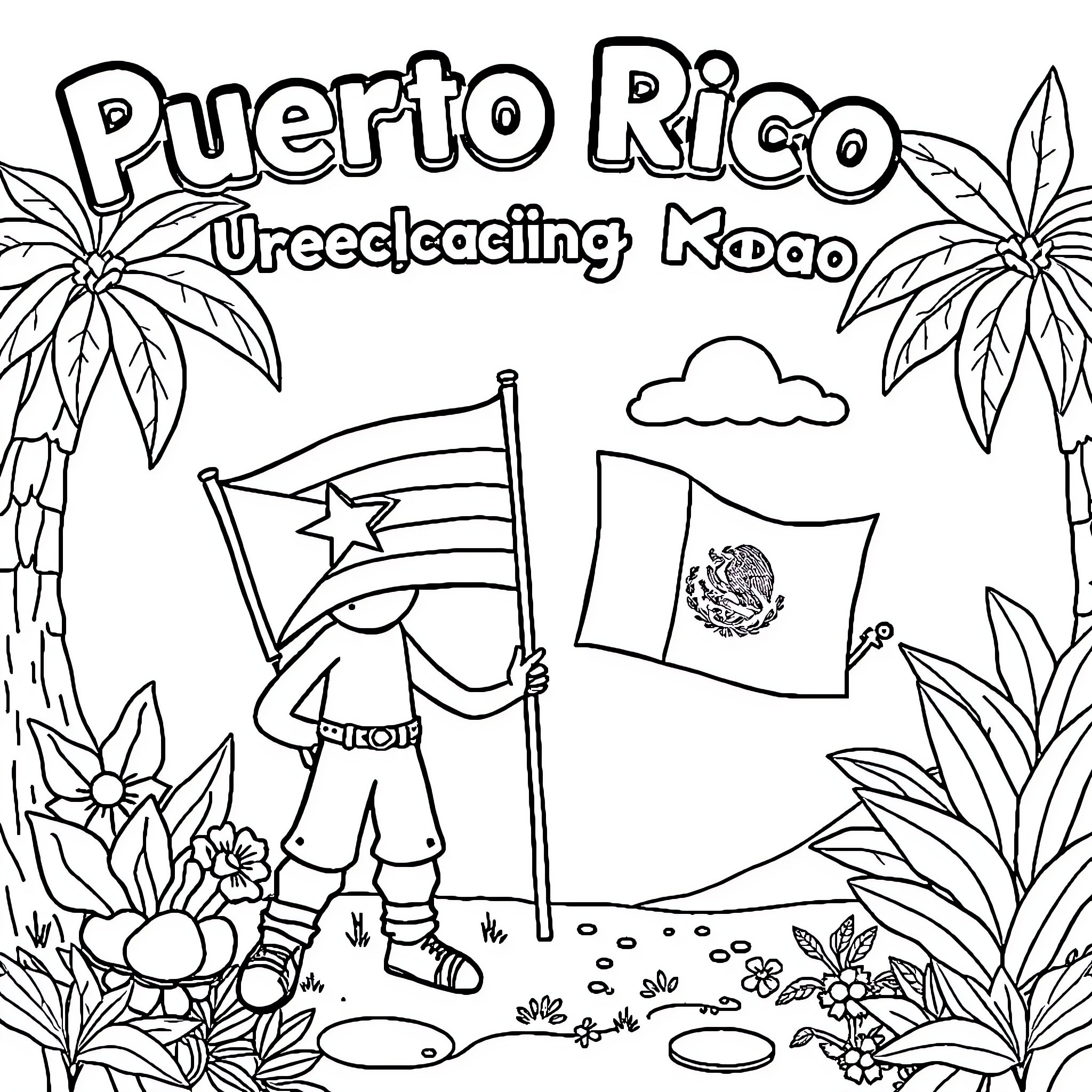 Heritage Puerto Rico: Flags, Flowers, and Fortitude Coloring Page (free black-and-white line drawing printable PDF for all, from beginners to advanced learners, including children, teens, adults, and seniors)