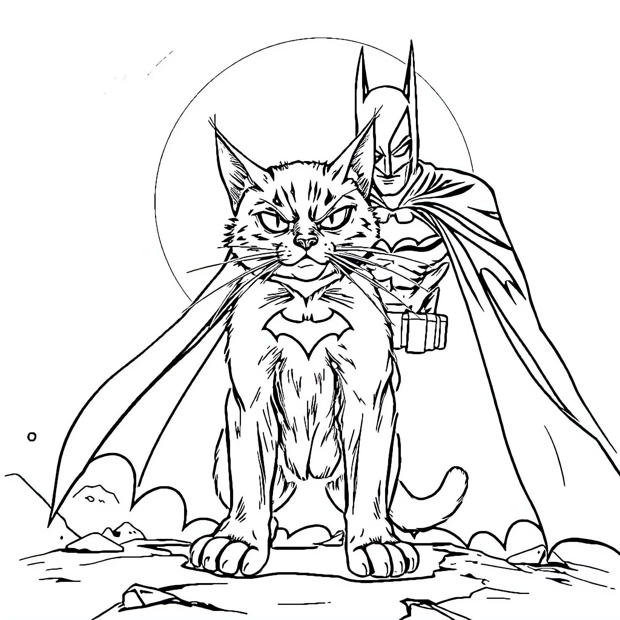 Cat superhero with wings in the city Coloring Page (free black-and-white line drawing printable PDF for all, from beginners to advanced learners, including children, teens, adults, and seniors)