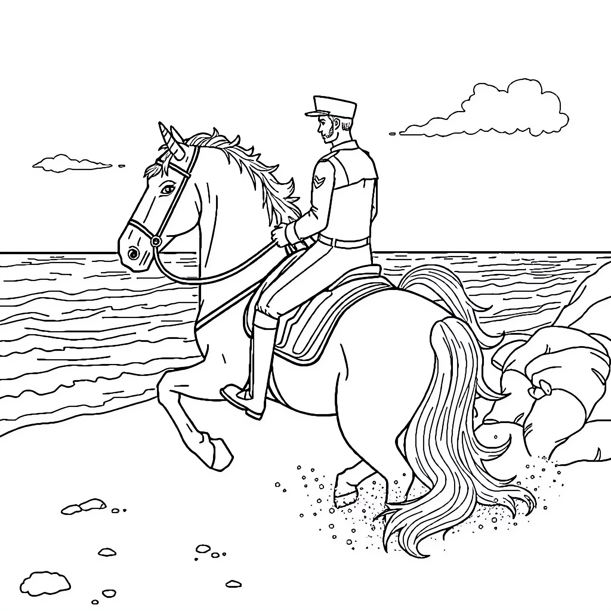 Pompier on Horseback by the Seaside Coloring Page (free black-and-white line drawing printable PDF for all, from beginners to advanced learners, including children, teens, adults, and seniors)