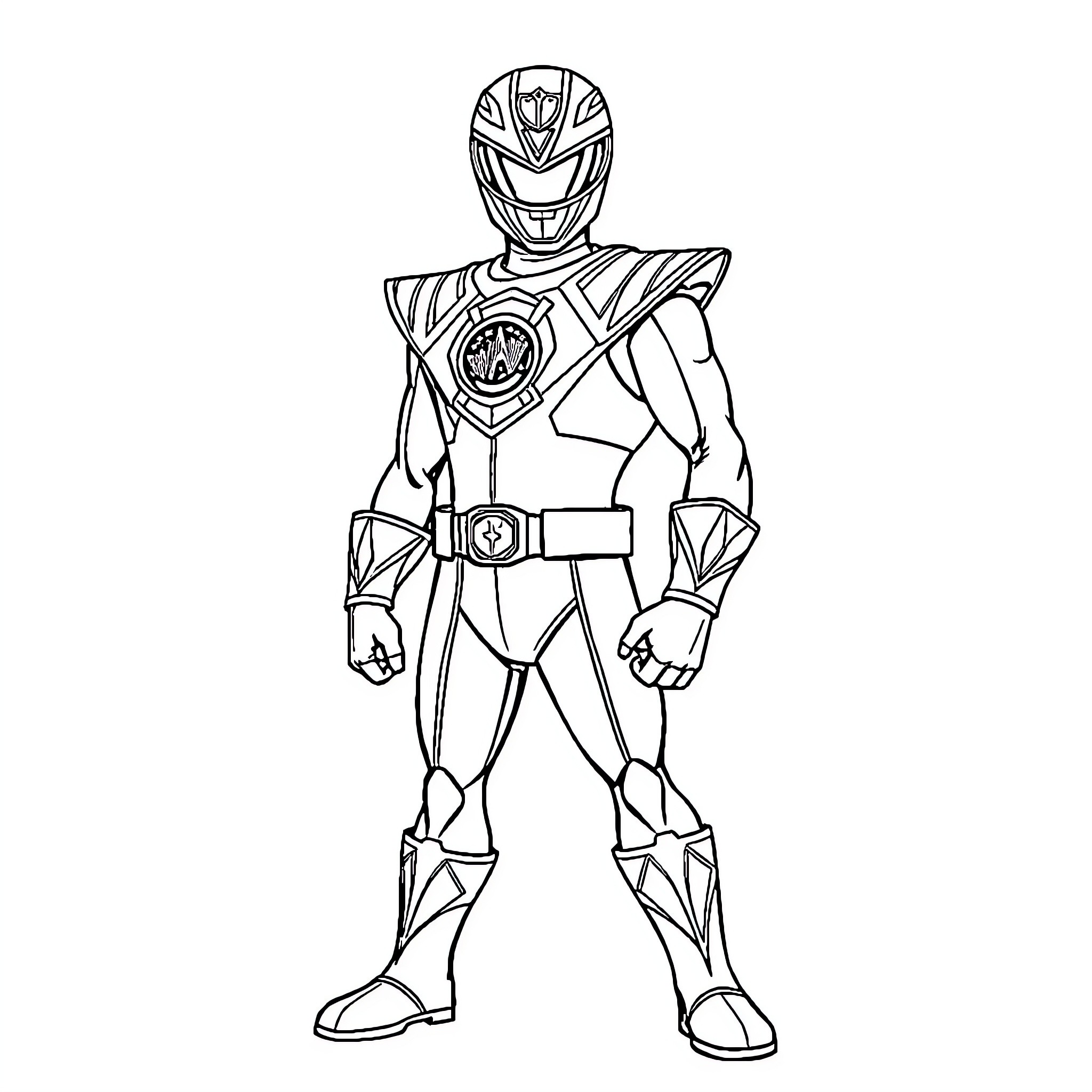 Power Ranger in heroic action pose Coloring Page (free black-and-white line drawing printable PDF for all, from beginners to advanced learners, including children, teens, adults, and seniors)