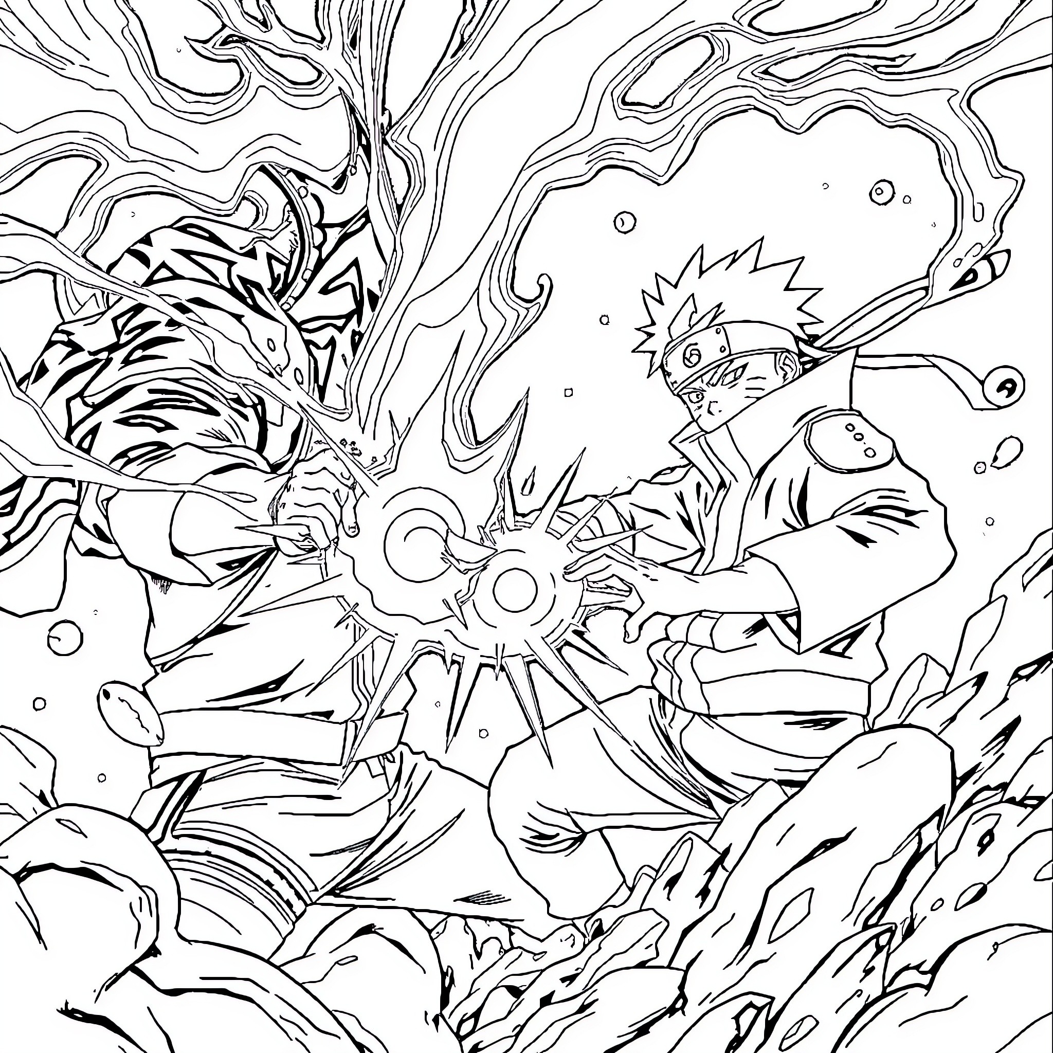 Naruto's Dynamic Energy Clash in Anime-Inspired Scene Coloring Page (free black-and-white line drawing printable PDF for all, from beginners to advanced learners, including children, teens, adults, and seniors)