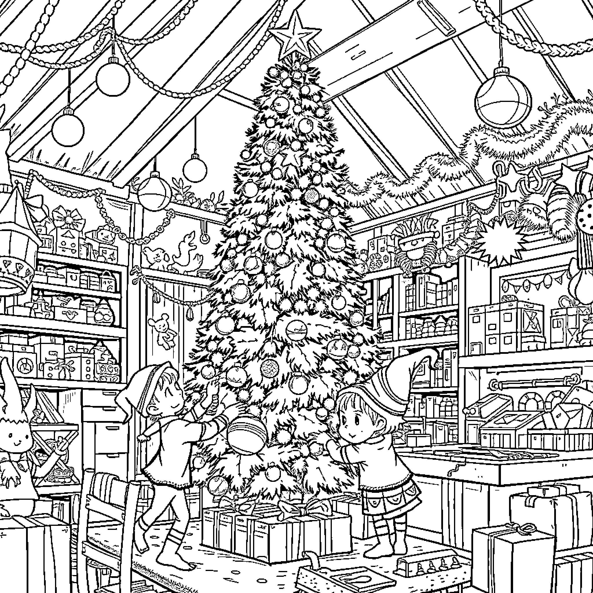 Christmas Tree Adorned with Decorations in Cozy Holiday Bookstore Coloring Page (free black-and-white line drawing printable PDF for all, from beginners to advanced learners, including children, teens, adults, and seniors)