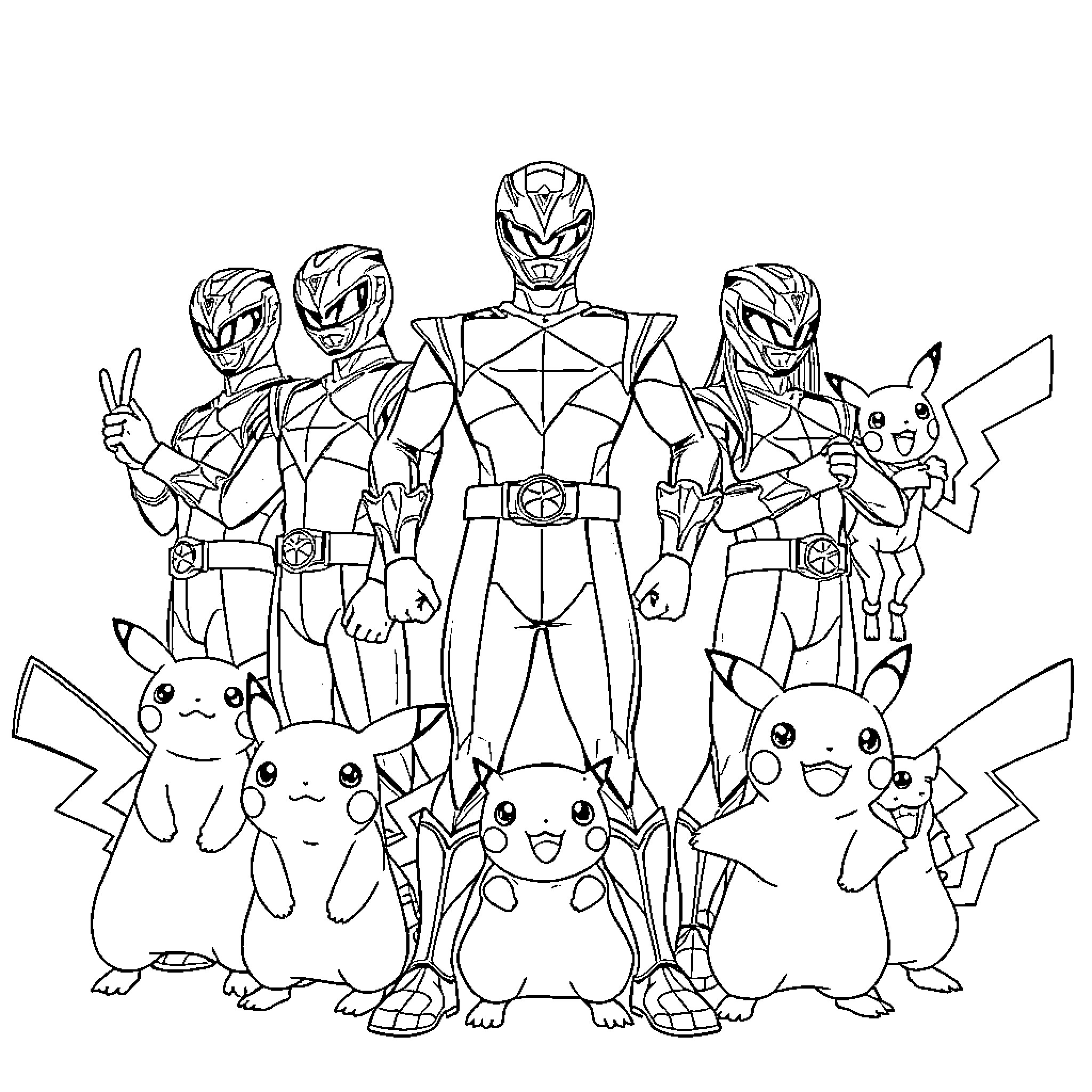 Power Rangers and Pokemon Trainers Unite in Epic Adventure Coloring Page (free black-and-white line drawing printable PDF for all, from beginners to advanced learners, including children, teens, adults, and seniors)