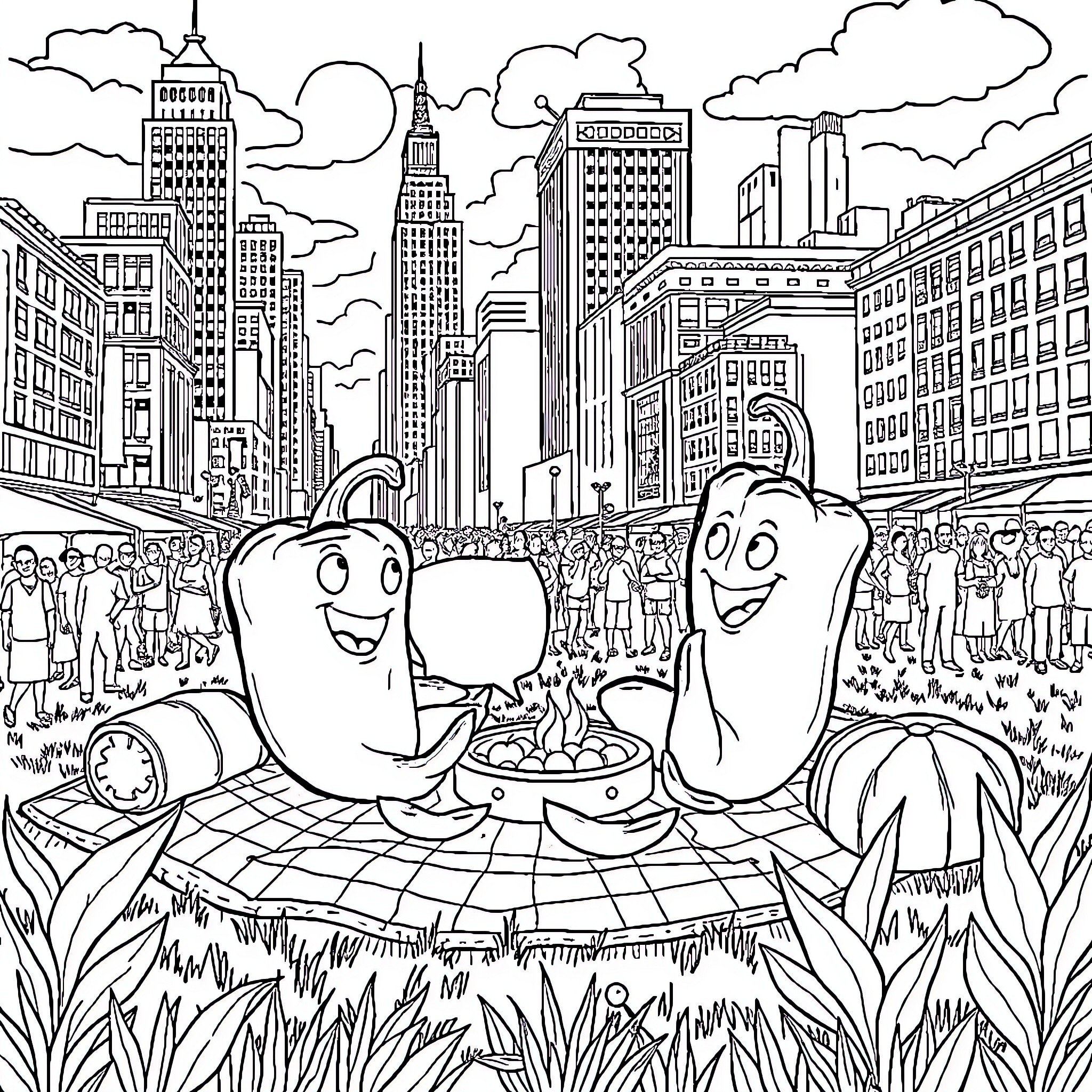 Chili Peppers Enjoying a Picnic in the City Coloring Page (free black-and-white line drawing printable PDF for all, from beginners to advanced learners, including children, teens, adults, and seniors)