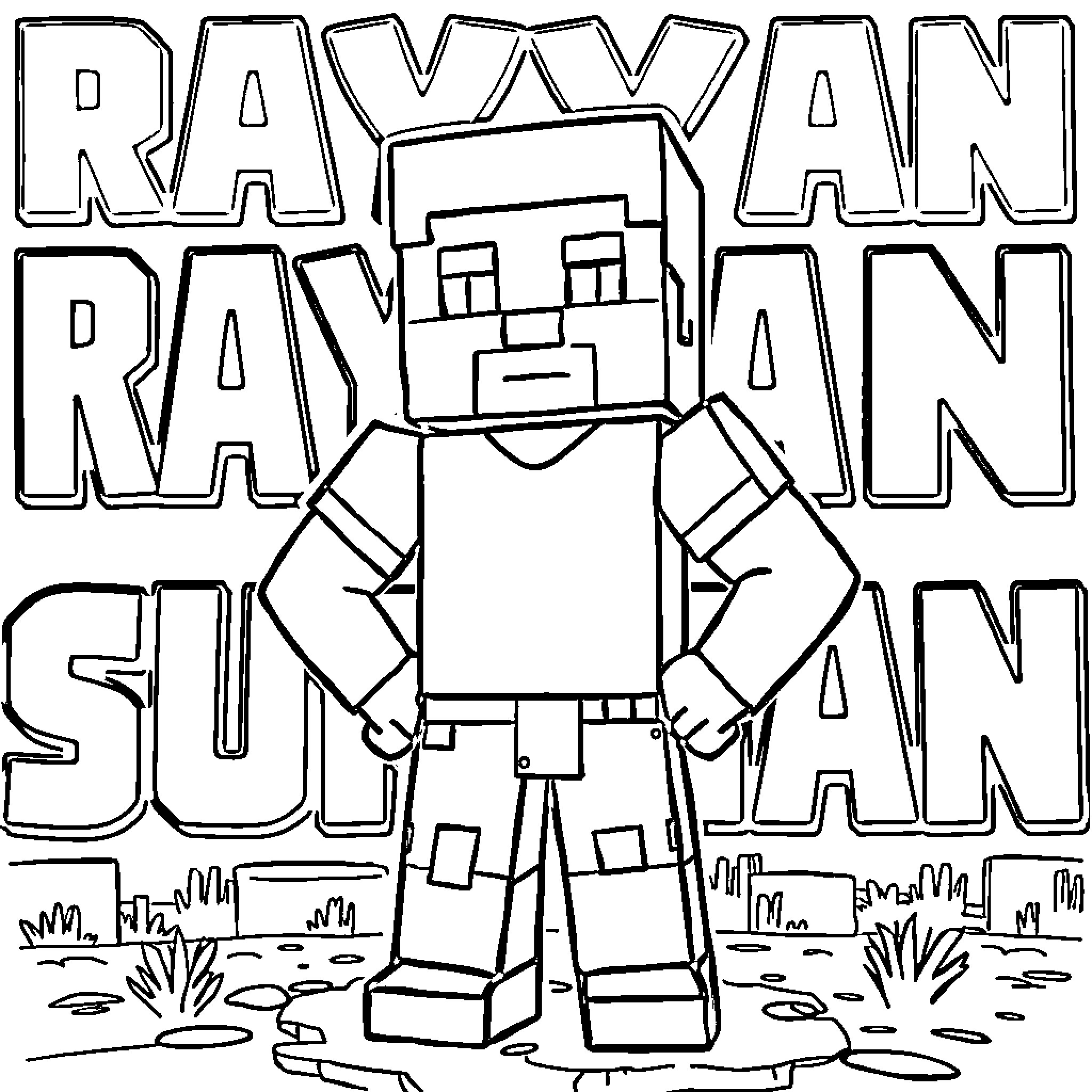 Minecraft Steve portrayed in a landscape Coloring Page (free black-and-white line drawing printable PDF for all, from beginners to advanced learners, including children, teens, adults, and seniors)