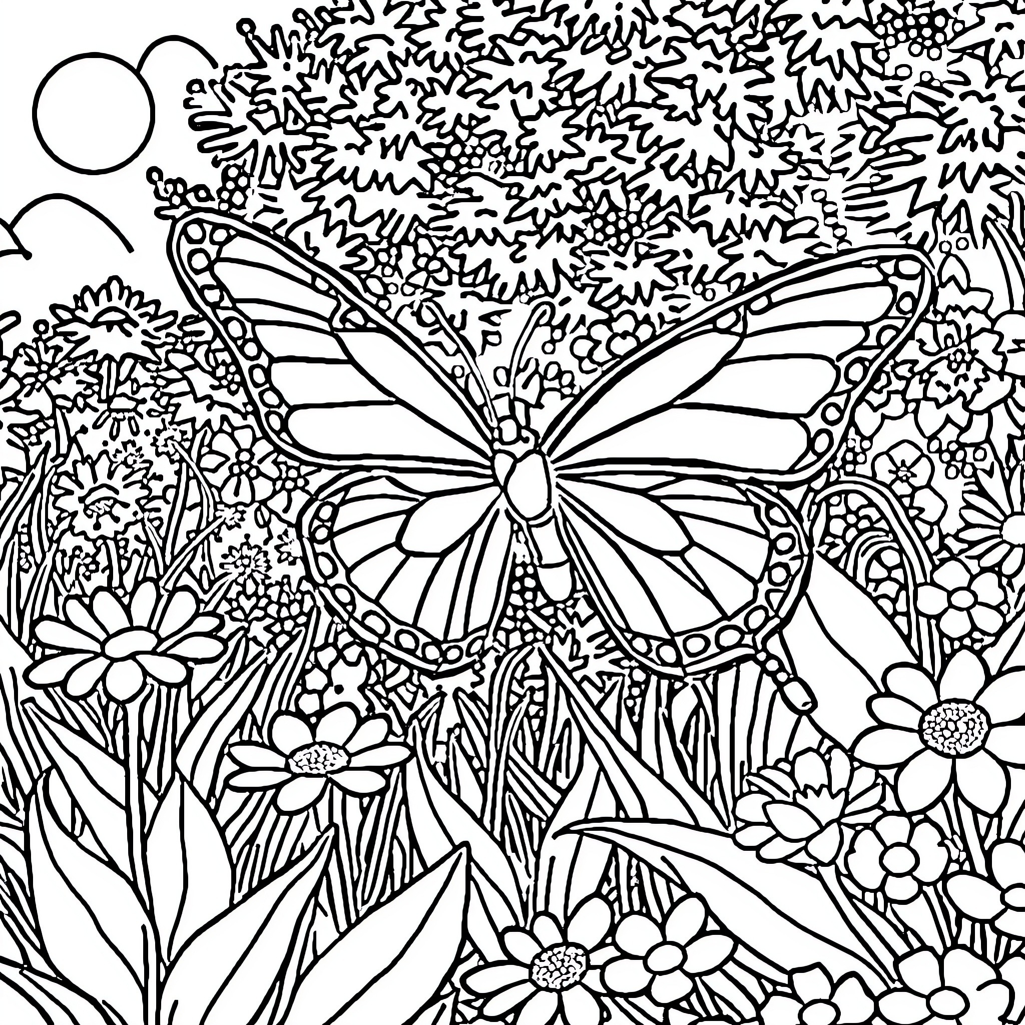 Butterfly in a Floral Garden Coloring Page (free black-and-white line drawing printable PDF for all, from beginners to advanced learners, including children, teens, adults, and seniors)