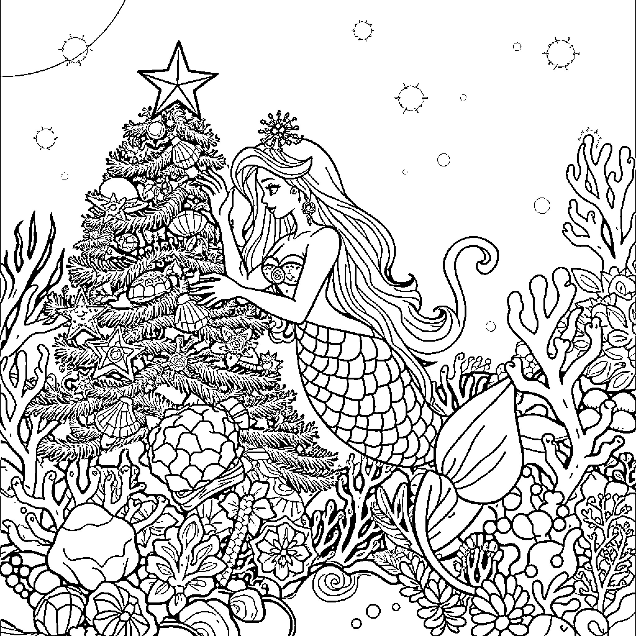 Mermaid decorating a holiday tree underwater Coloring Page (free black-and-white line drawing printable PDF for all, from beginners to advanced learners, including children, teens, adults, and seniors)