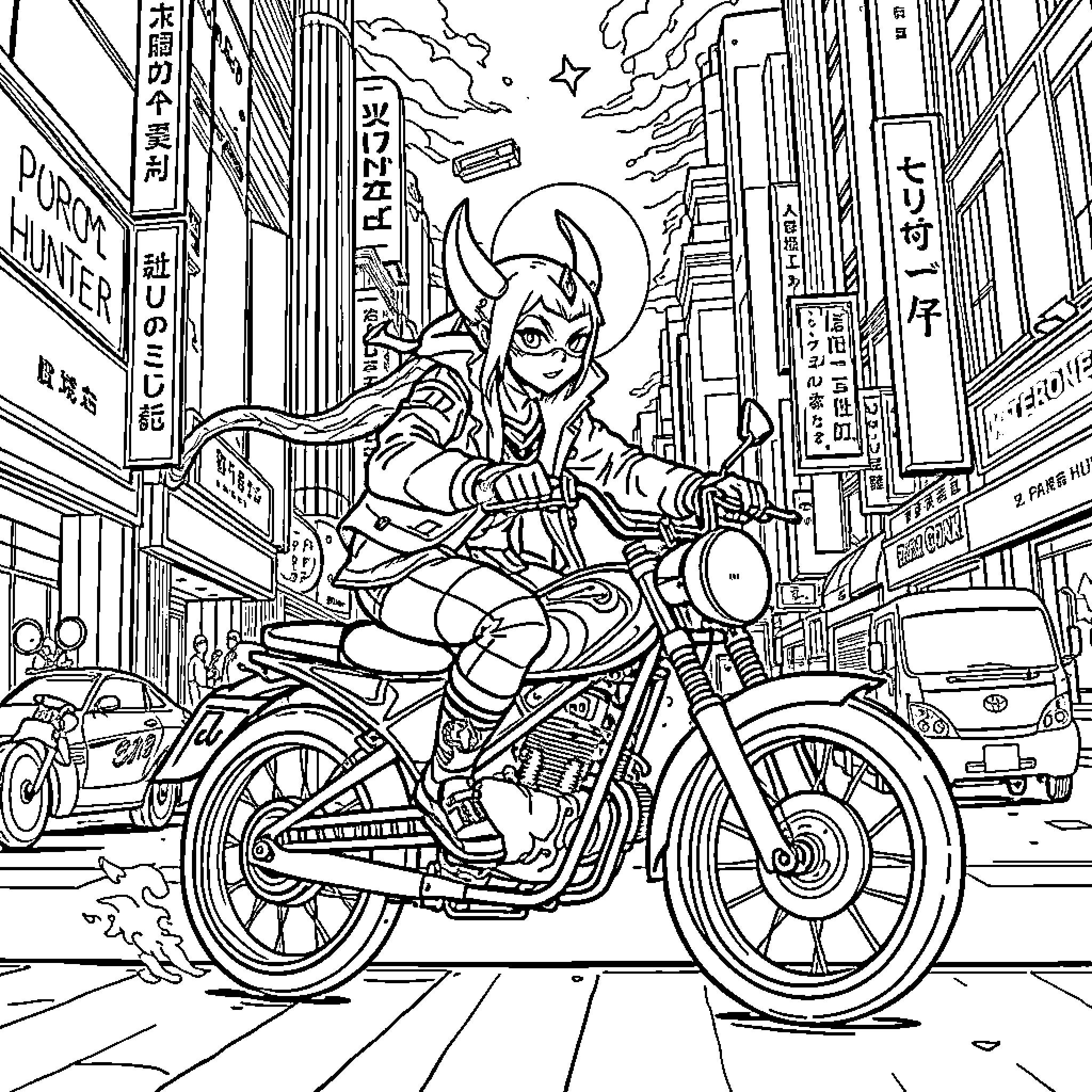 Demon Hunter Riding a Motorcycle Through the City Streets Coloring Page (free black-and-white line drawing printable PDF for all, from beginners to advanced learners, including children, teens, adults, and seniors)