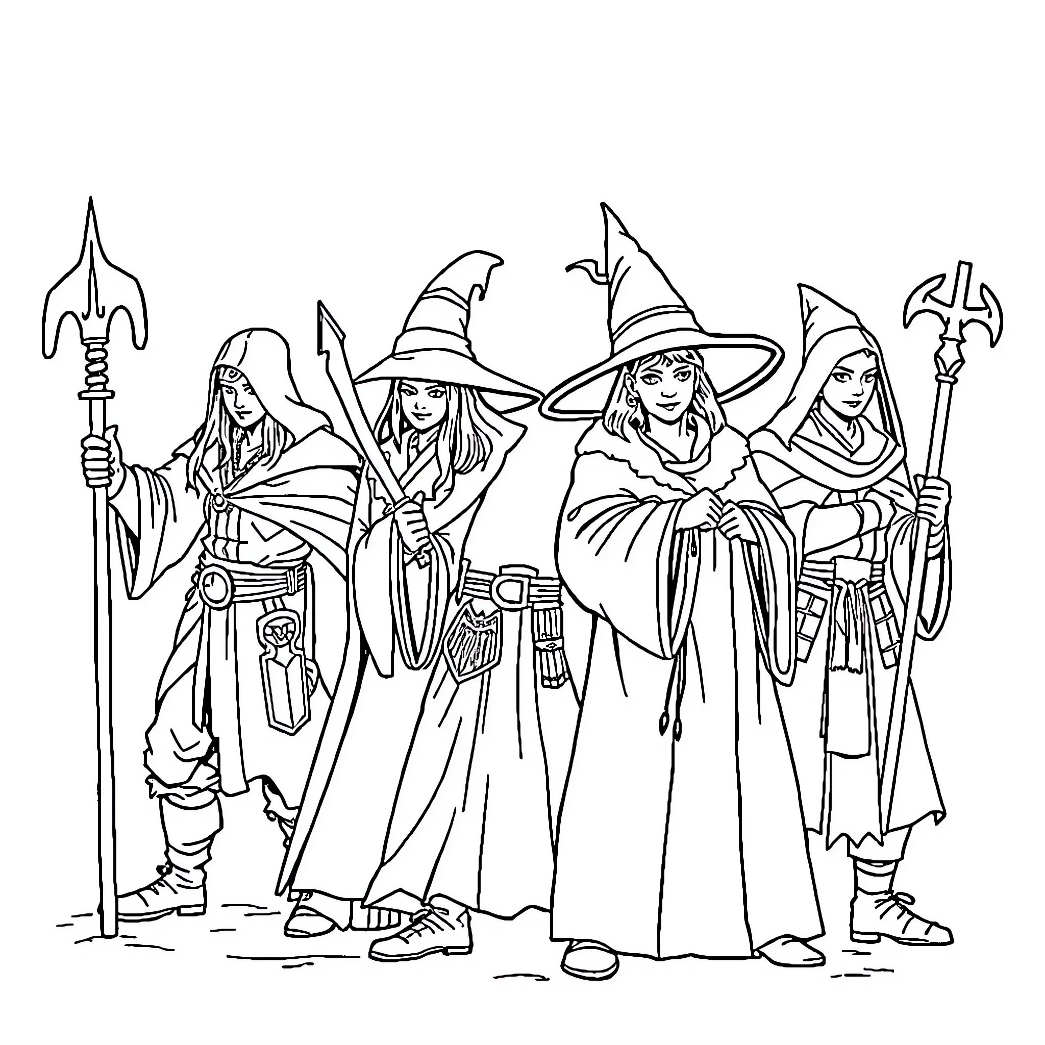 Dungeon Warriors Gathered for Adventure Coloring Page (free black-and-white line drawing printable PDF for all, from beginners to advanced learners, including children, teens, adults, and seniors)