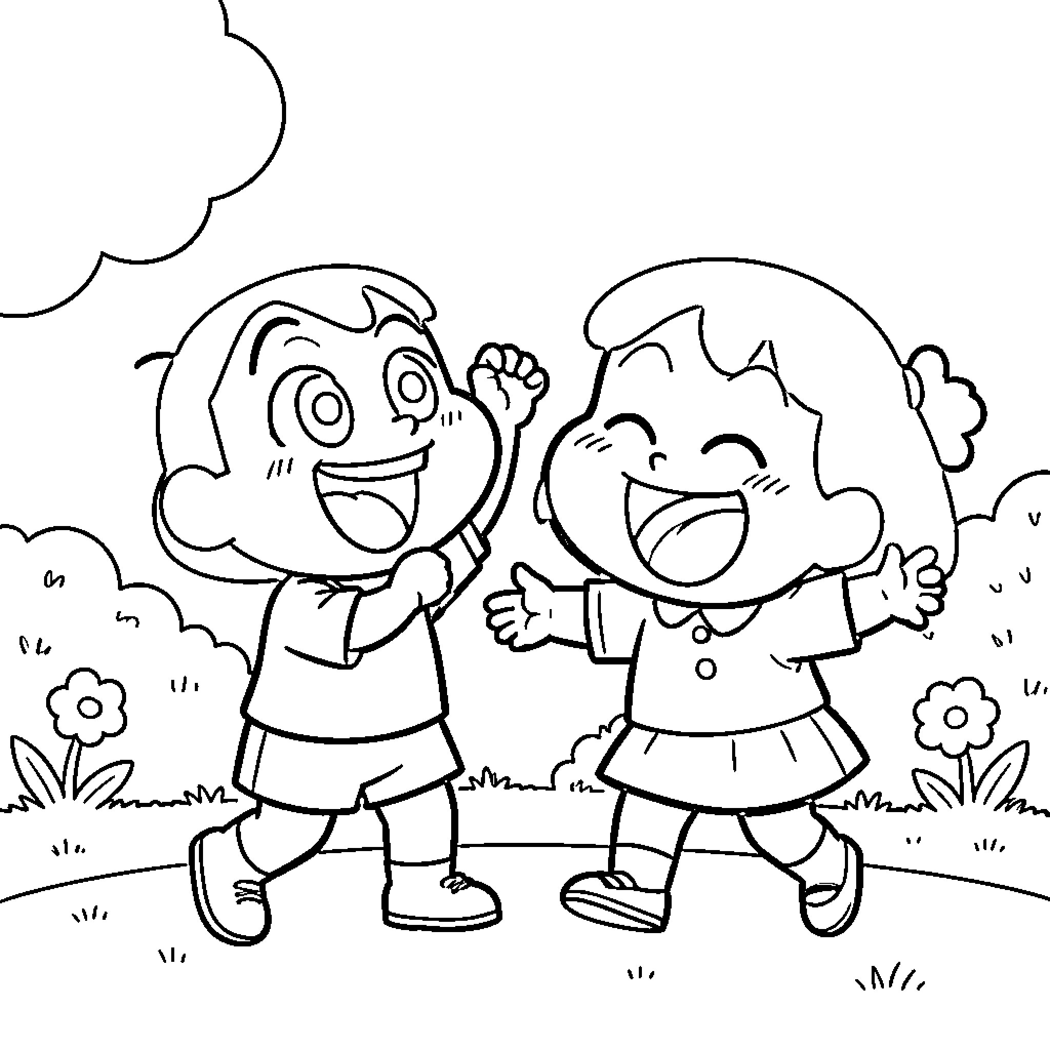 Shinchan and a friend laughing joyfully outdoors Coloring Page (free black-and-white line drawing printable PDF for all, from beginners to advanced learners, including children, teens, adults, and seniors)