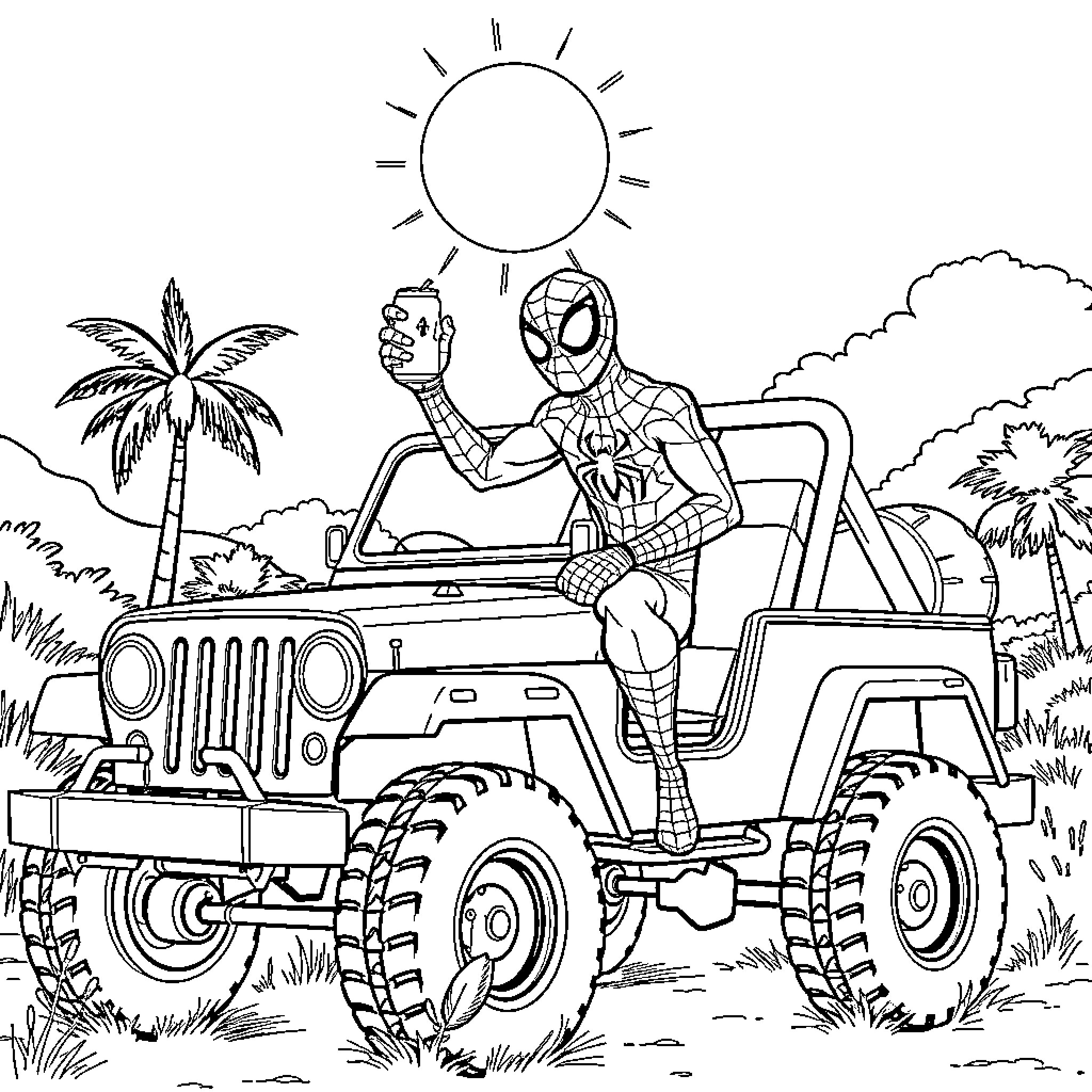 Spider-Man Adventuring in the Jungle on a Jeep Coloring Page (free black-and-white line drawing printable PDF for all, from beginners to advanced learners, including children, teens, adults, and seniors)