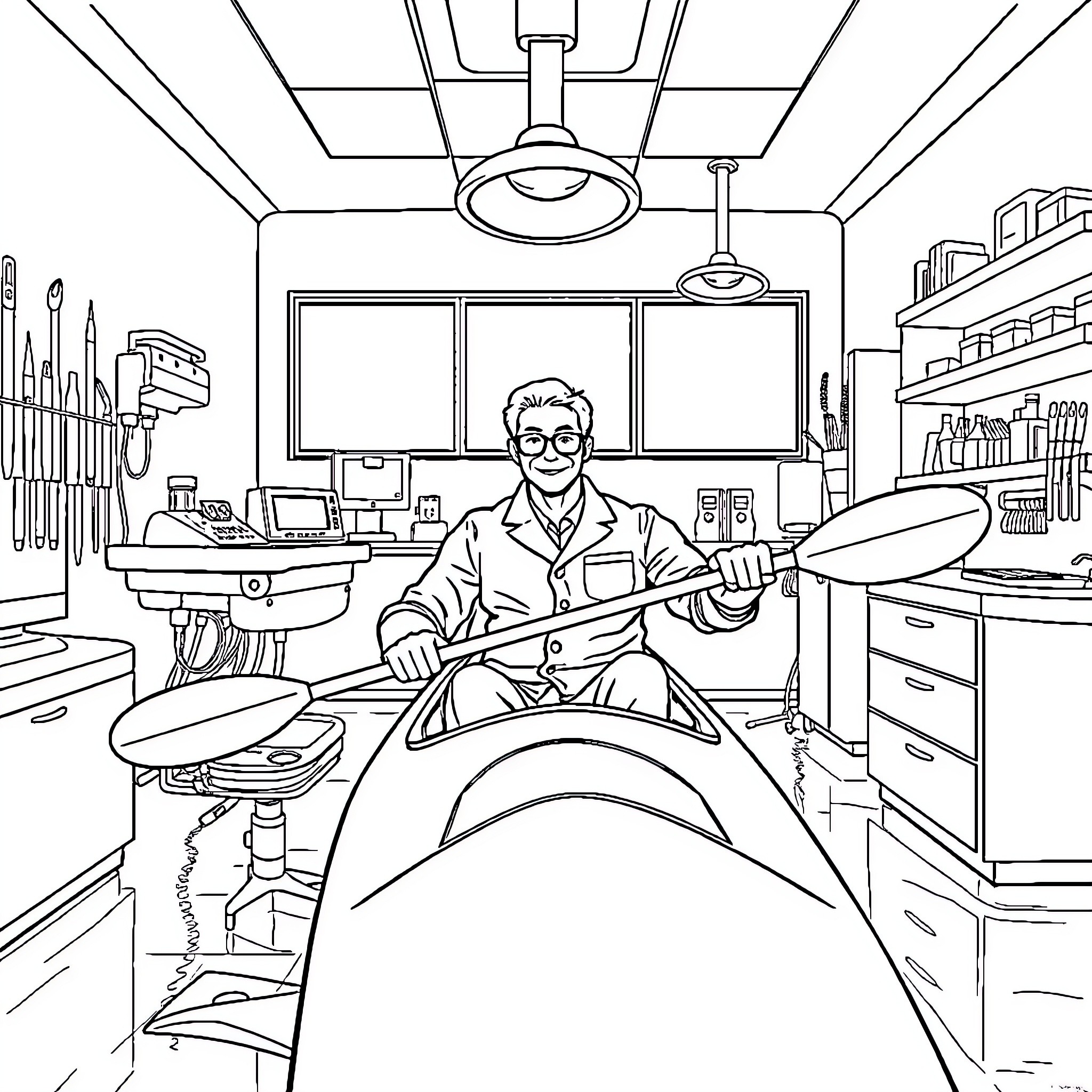 Dentist examines patient in modern dental office Coloring Page (free black-and-white line drawing printable PDF for all, from beginners to advanced learners, including children, teens, adults, and seniors)
