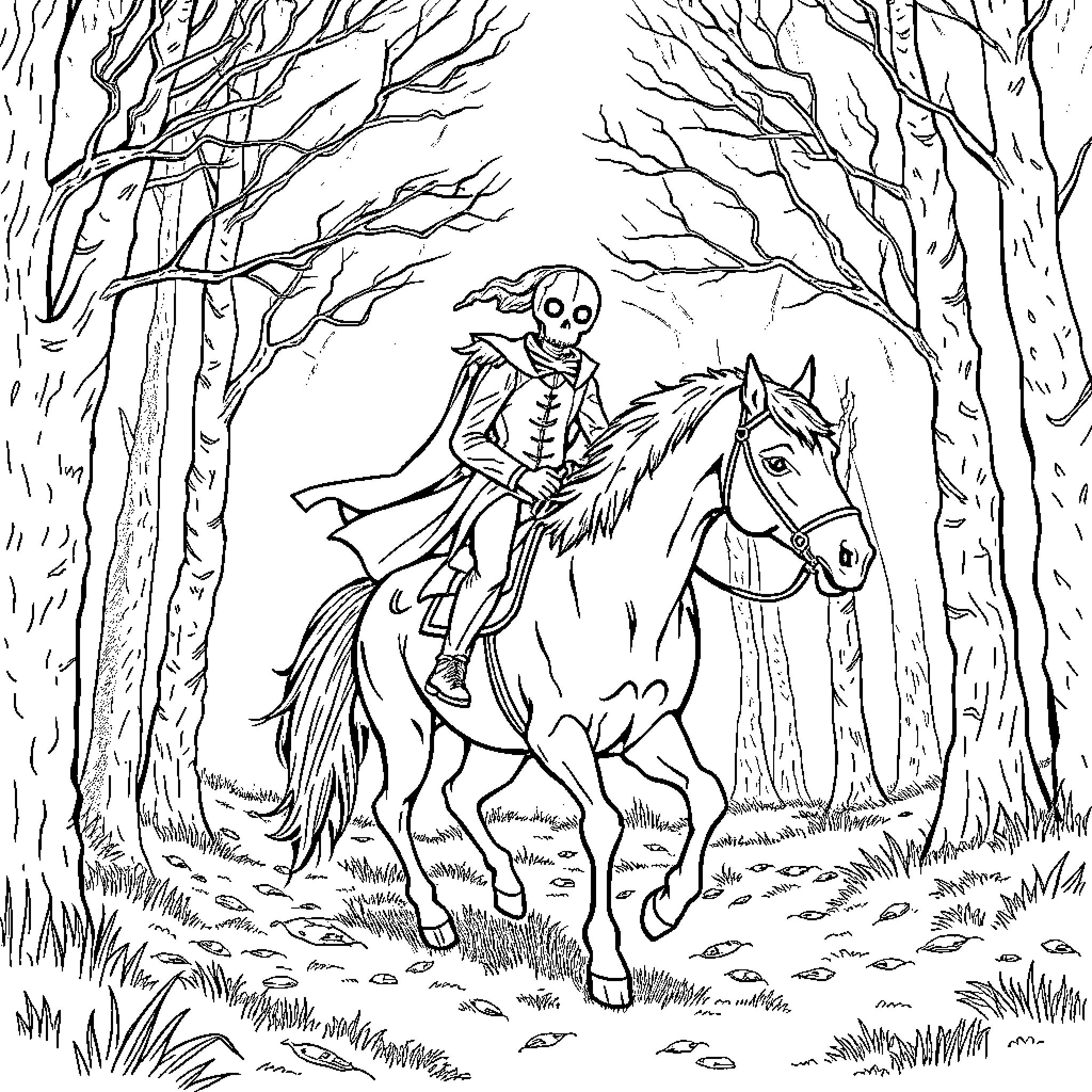 Headless Horseman riding through the eerie forest Coloring Page (free black-and-white line drawing printable PDF for all, from beginners to advanced learners, including children, teens, adults, and seniors)