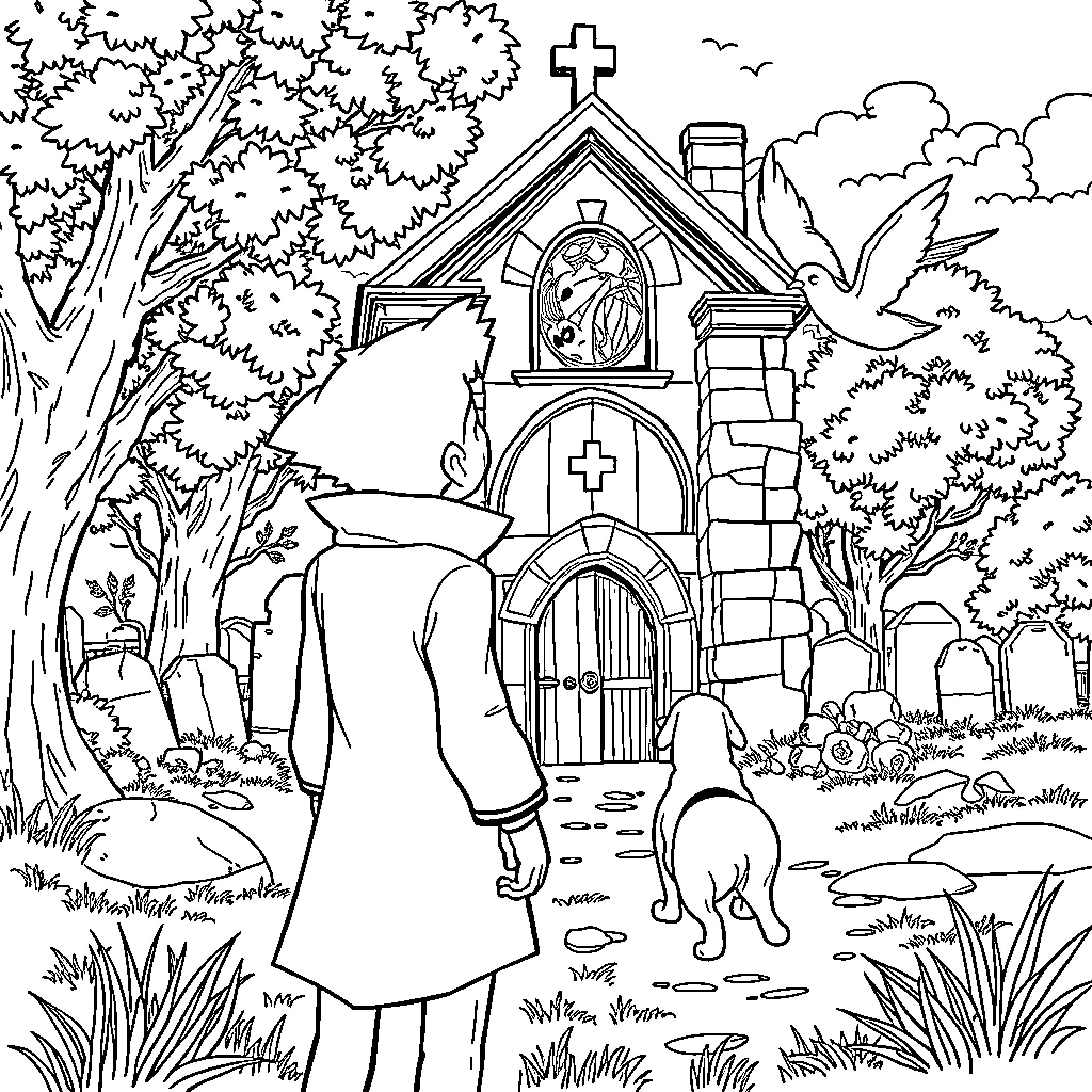 Jack explores the peaceful church garden with his canine companion Coloring Page (free black-and-white line drawing printable PDF for all, from beginners to advanced learners, including children, teens, adults, and seniors)