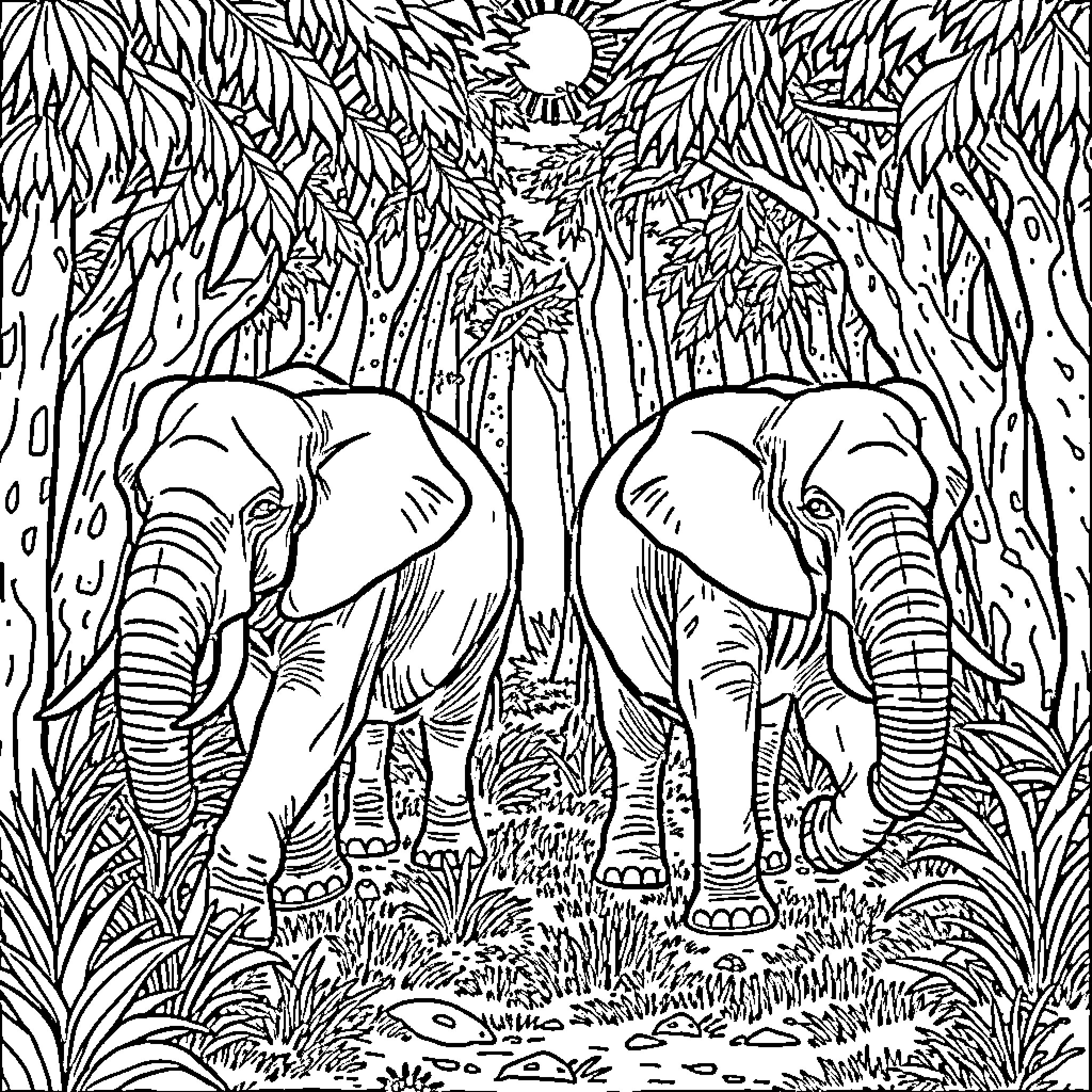 Elephants roaming in lush jungle landscape Coloring Page (free black-and-white line drawing printable PDF for all, from beginners to advanced learners, including children, teens, adults, and seniors)