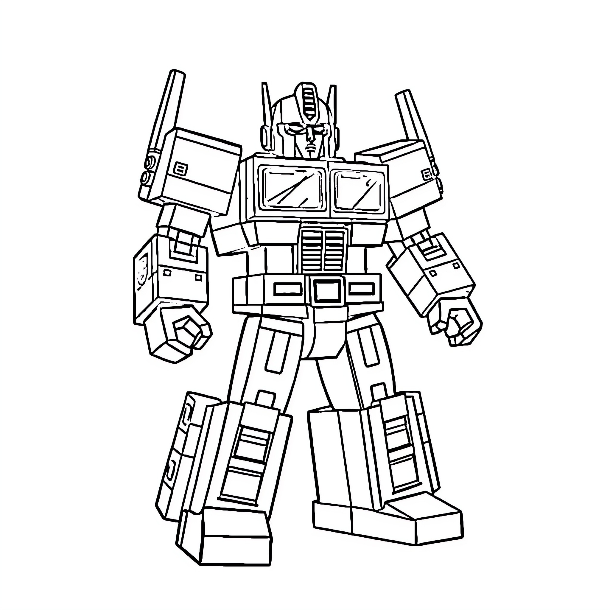 Optimus Prime Heroic Robotic Figure Coloring Page (free black-and-white line drawing printable PDF for all, from beginners to advanced learners, including children, teens, adults, and seniors)