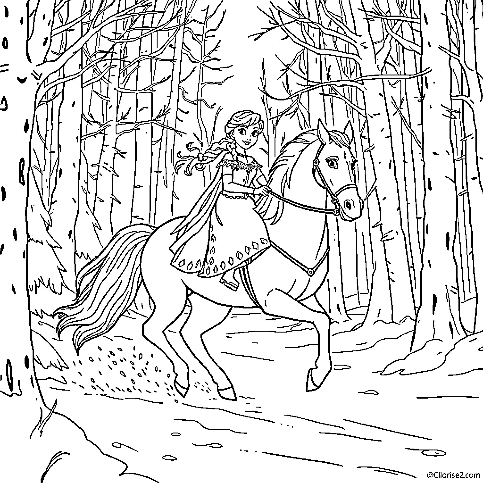 Elsa's Enchanting Forest Ride on Horseback Coloring Page (free black-and-white line drawing printable PDF for all, from beginners to advanced learners, including children, teens, adults, and seniors)