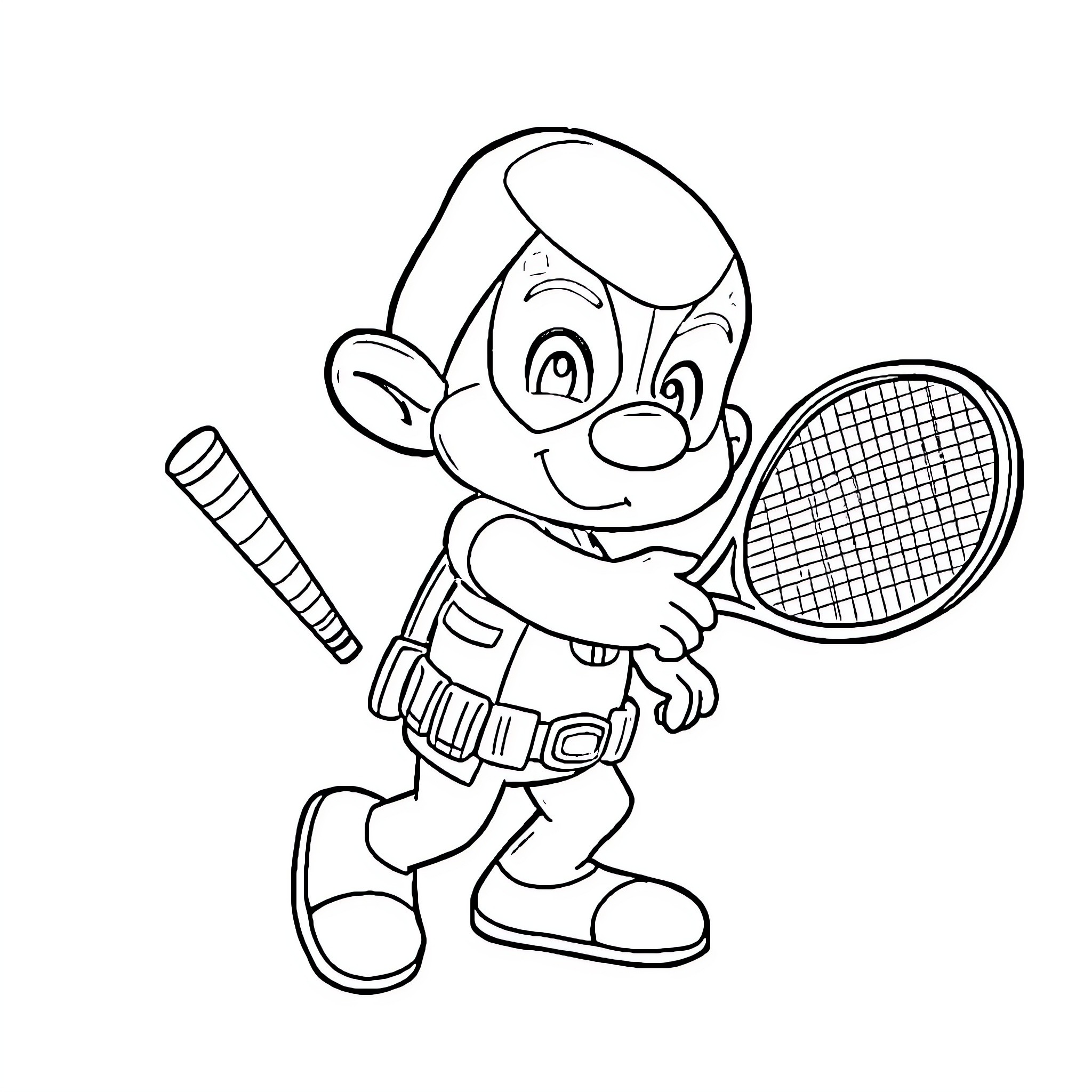 Smurf playing tennis with enthusiasm Coloring Page (free black-and-white line drawing printable PDF for all, from beginners to advanced learners, including children, teens, adults, and seniors)