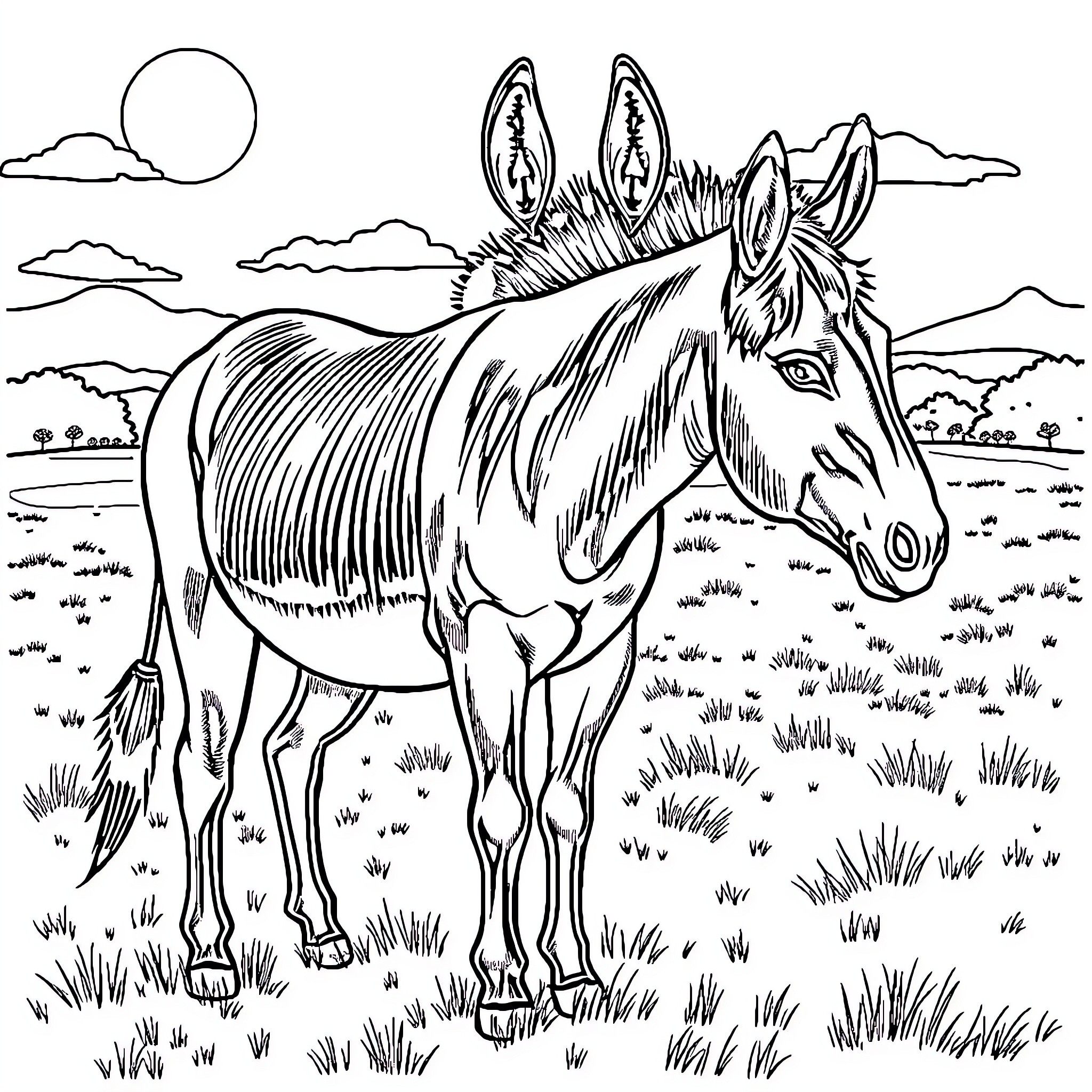 Ass standing tall in the meadow Coloring Page (free black-and-white line drawing printable PDF for all, from beginners to advanced learners, including children, teens, adults, and seniors)