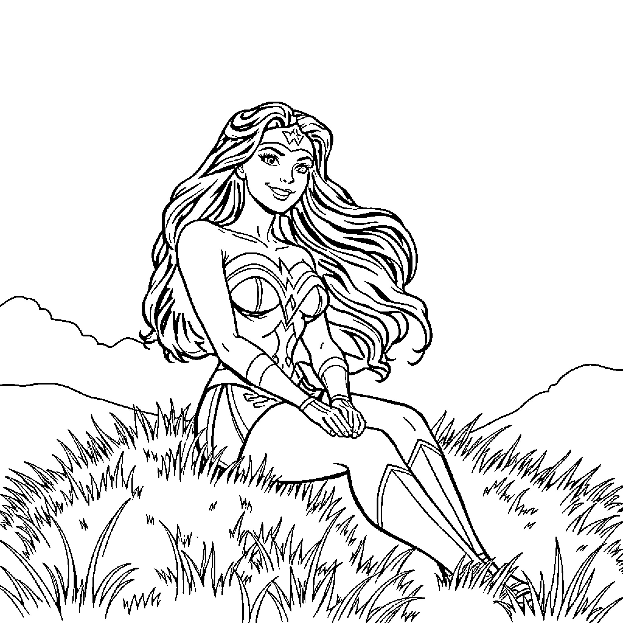 Wonder Woman in heroic pose amidst nature Coloring Page (free black-and-white line drawing printable PDF for all, from beginners to advanced learners, including children, teens, adults, and seniors)