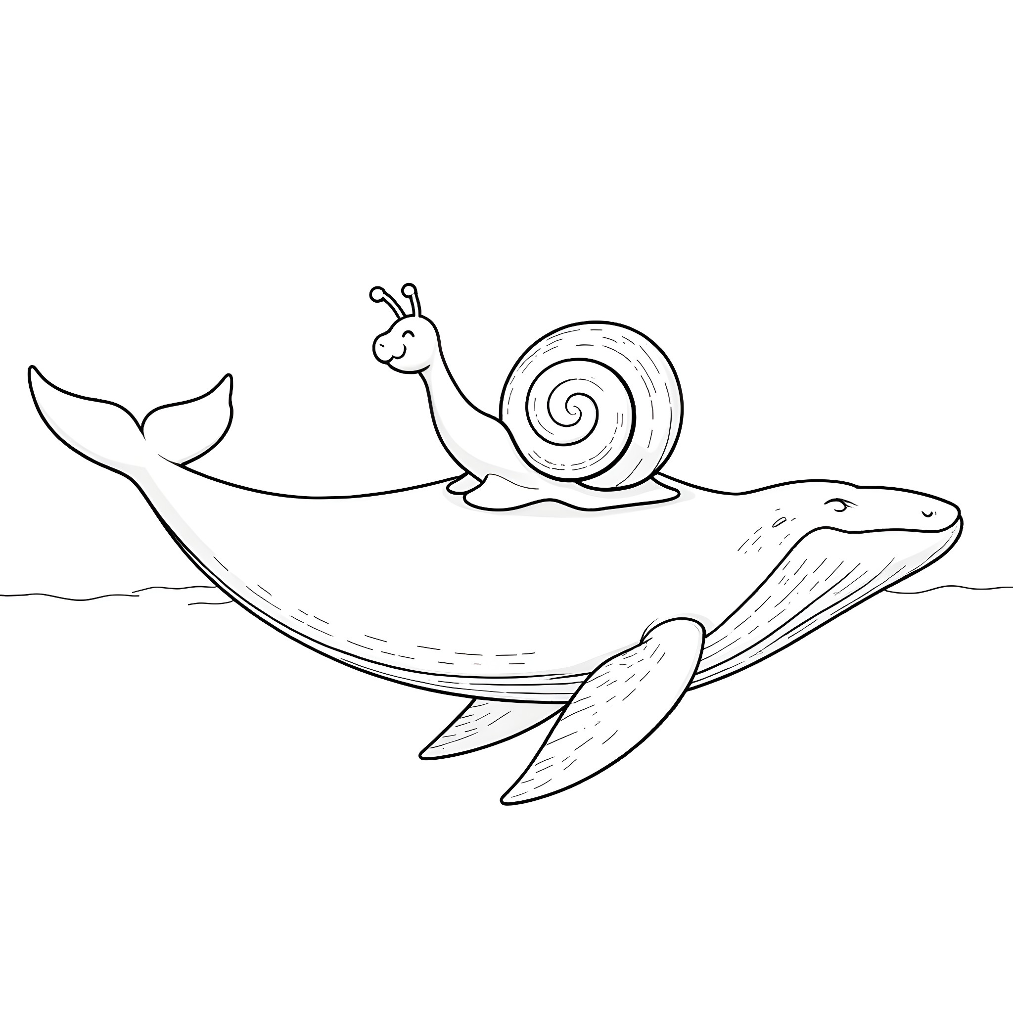 Snail riding on the back of a whale Coloring Page (free black-and-white line drawing printable PDF for all, from beginners to advanced learners, including children, teens, adults, and seniors)