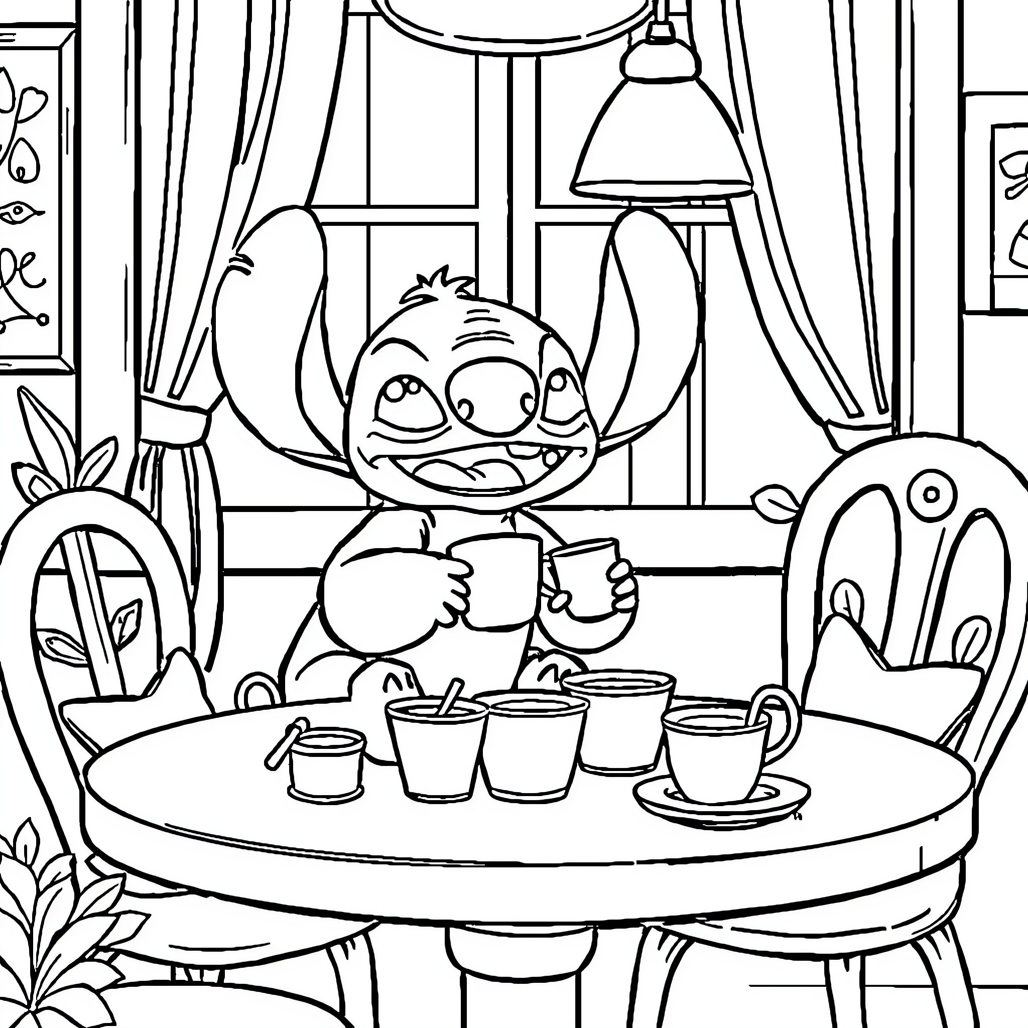 Stitch enjoying a cozy tea party indoors Coloring Page (free black-and-white line drawing printable PDF for all, from beginners to advanced learners, including children, teens, adults, and seniors)