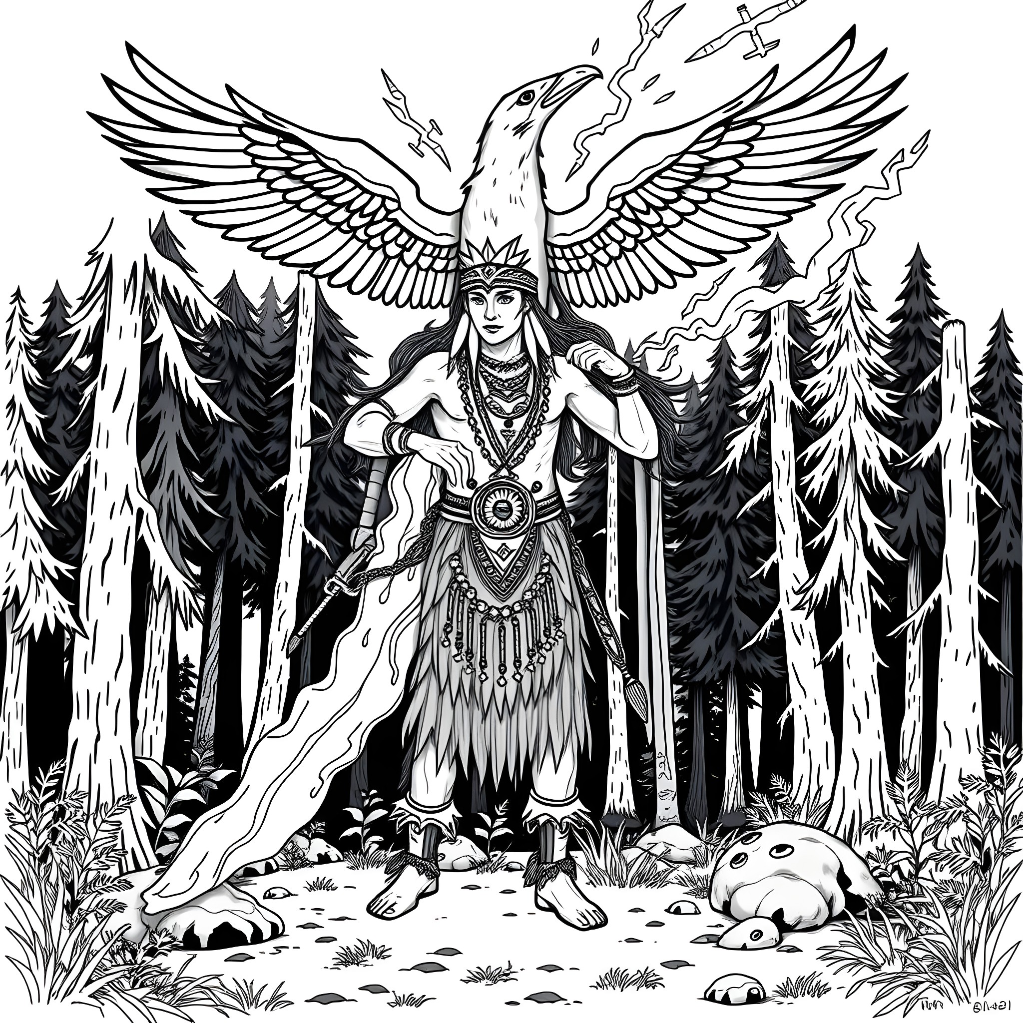 Shaman with Majestic Wings and Mystic Forest Backdrop Coloring Page (free black-and-white line drawing printable PDF for all, from beginners to advanced learners, including children, teens, adults, and seniors)