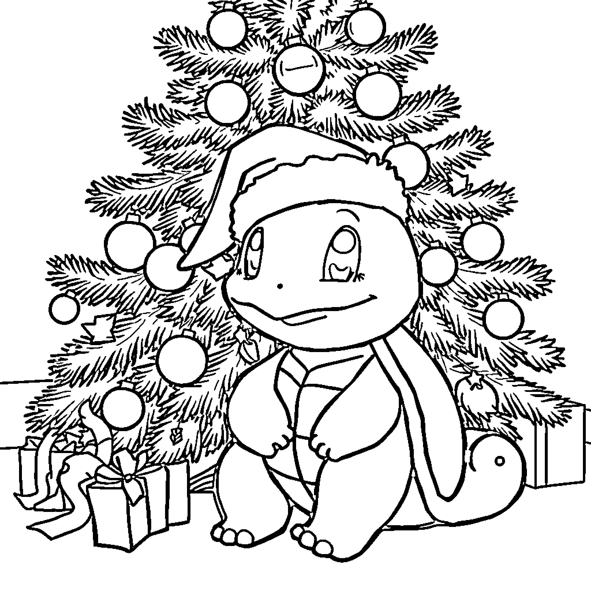 Squirtle enjoying the Christmas tree Coloring Page (free black-and-white line drawing printable PDF for all, from beginners to advanced learners, including children, teens, adults, and seniors)