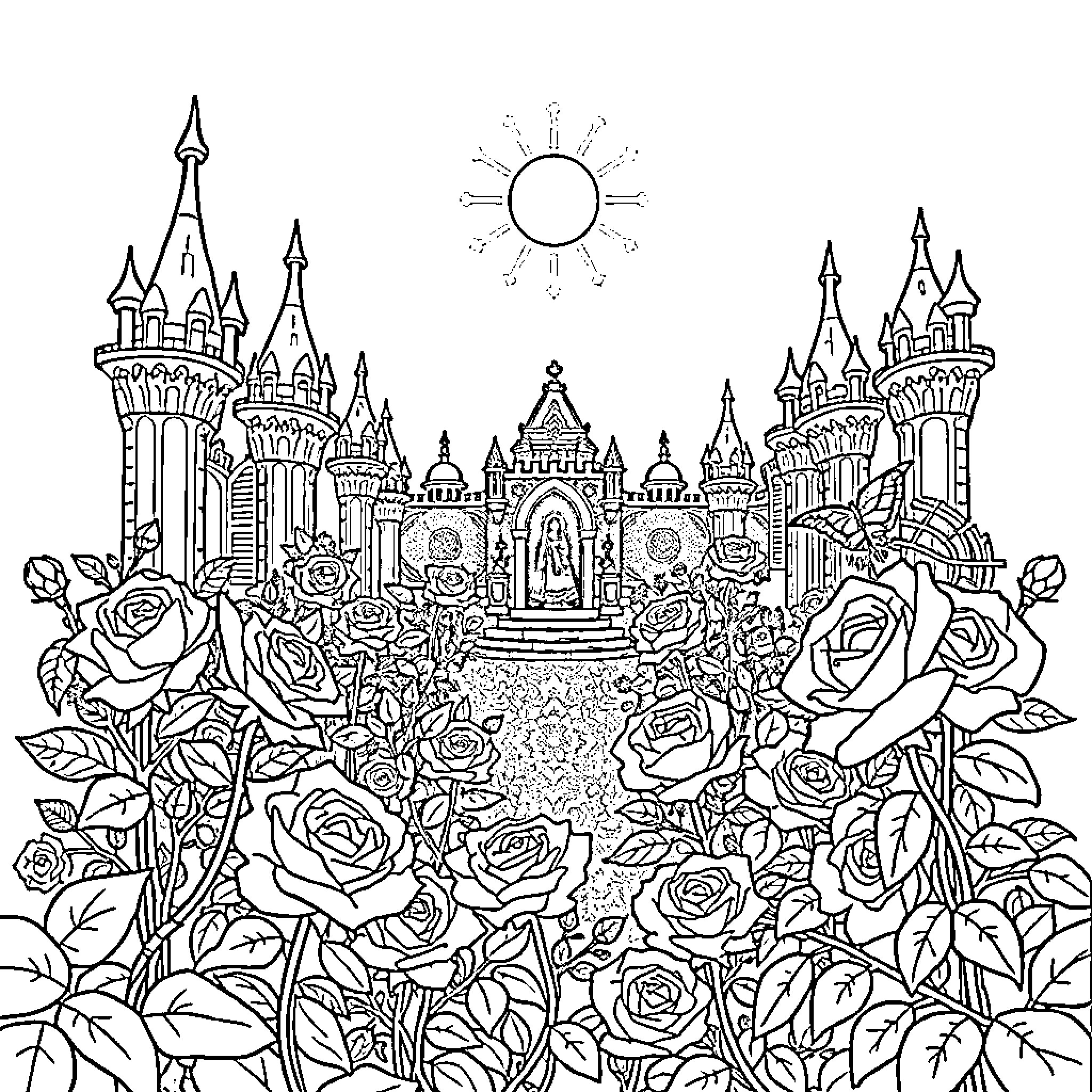 Thorn Castle Surrounded by Blooming Roses Coloring Page (free black-and-white line drawing printable PDF for all, from beginners to advanced learners, including children, teens, adults, and seniors)