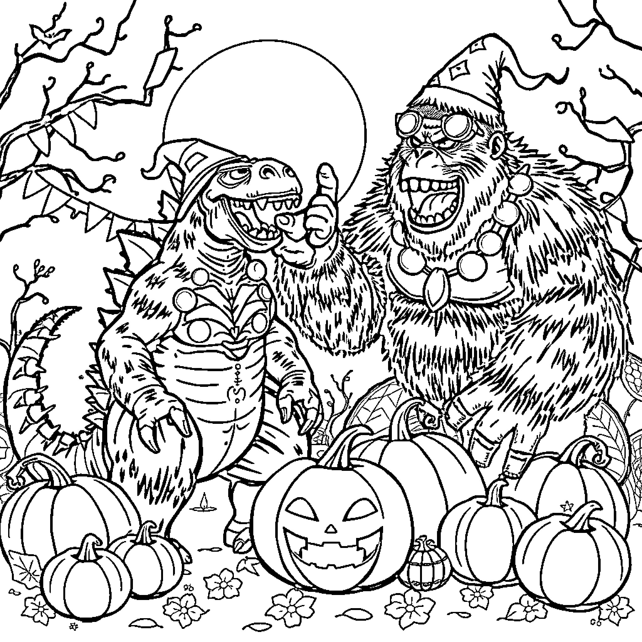 Godzilla and Werewolf Celebrate Halloween Night Coloring Page (free black-and-white line drawing printable PDF for all, from beginners to advanced learners, including children, teens, adults, and seniors)