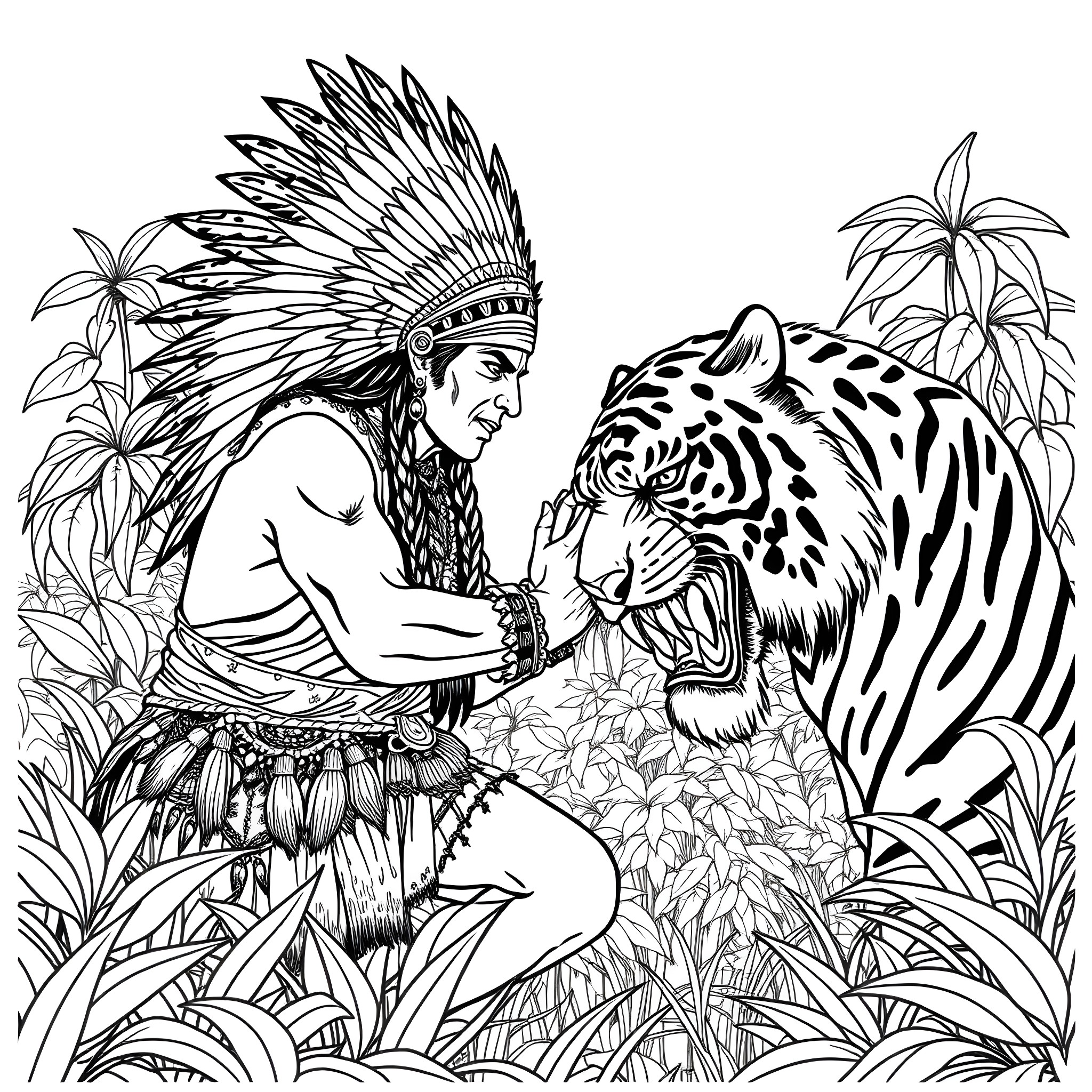 Indian Chief Confronting Mighty Jaguar in Lush Jungle Coloring Page (free black-and-white line drawing printable PDF for all, from beginners to advanced learners, including children, teens, adults, and seniors)