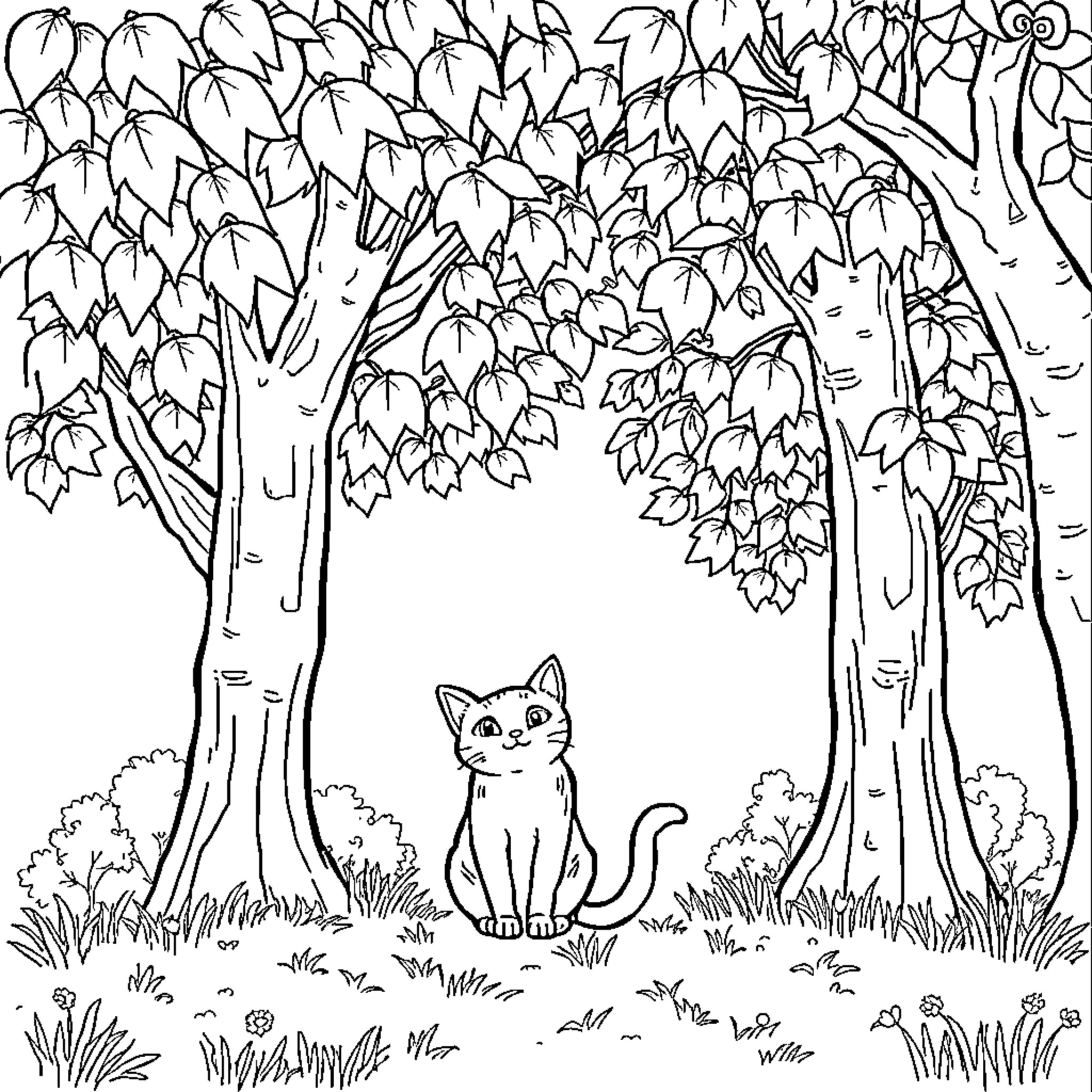 Cat in a Leafy Forest Coloring Page (free black-and-white line drawing printable PDF for all, from beginners to advanced learners, including children, teens, adults, and seniors)
