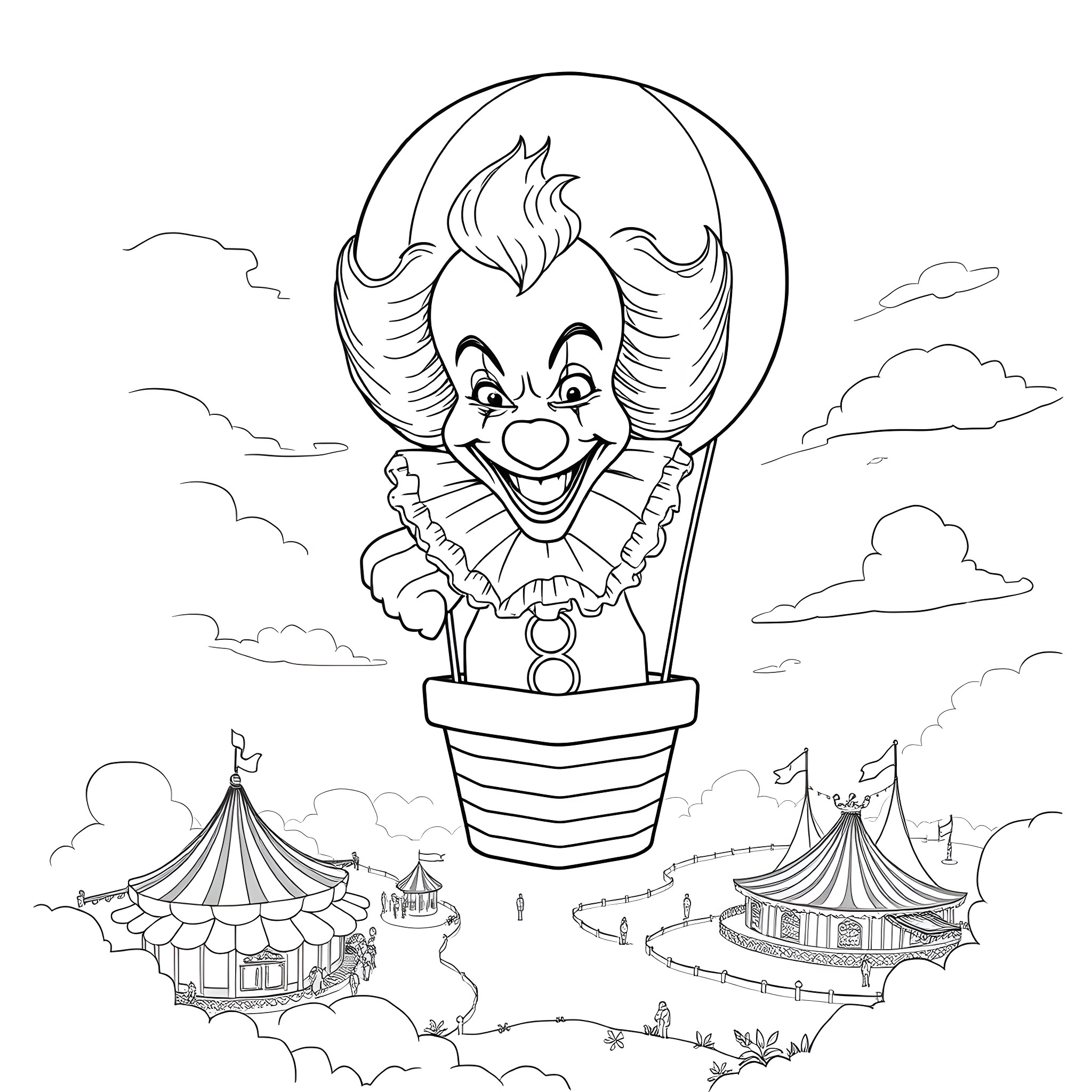 Pennywise the Clown in a Hot Air Balloon above the Carnival Coloring Page (free black-and-white line drawing printable PDF for all, from beginners to advanced learners, including children, teens, adults, and seniors)