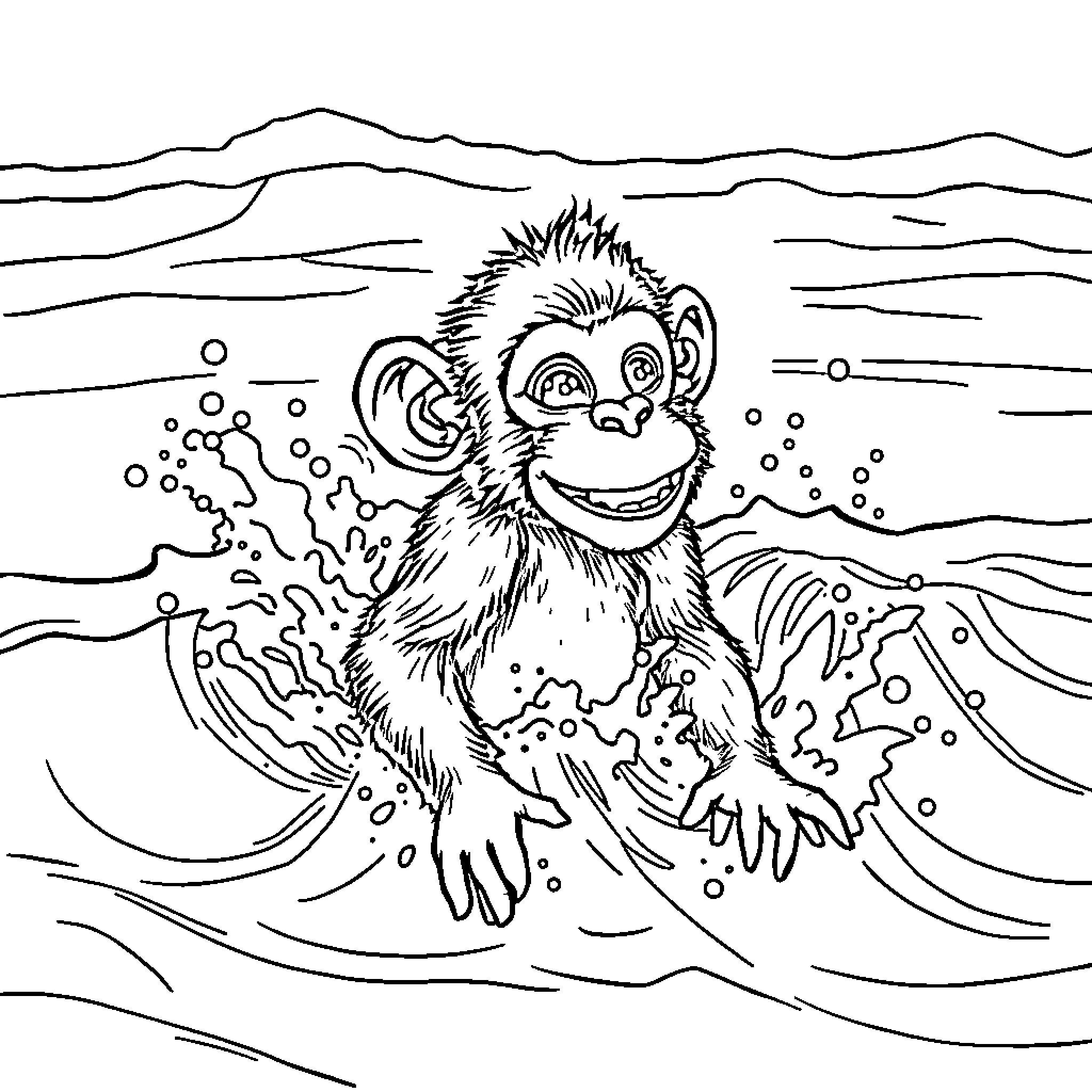 Monkey Splashing Joyfully in the Waves Coloring Page (free black-and-white line drawing printable PDF for all, from beginners to advanced learners, including children, teens, adults, and seniors)