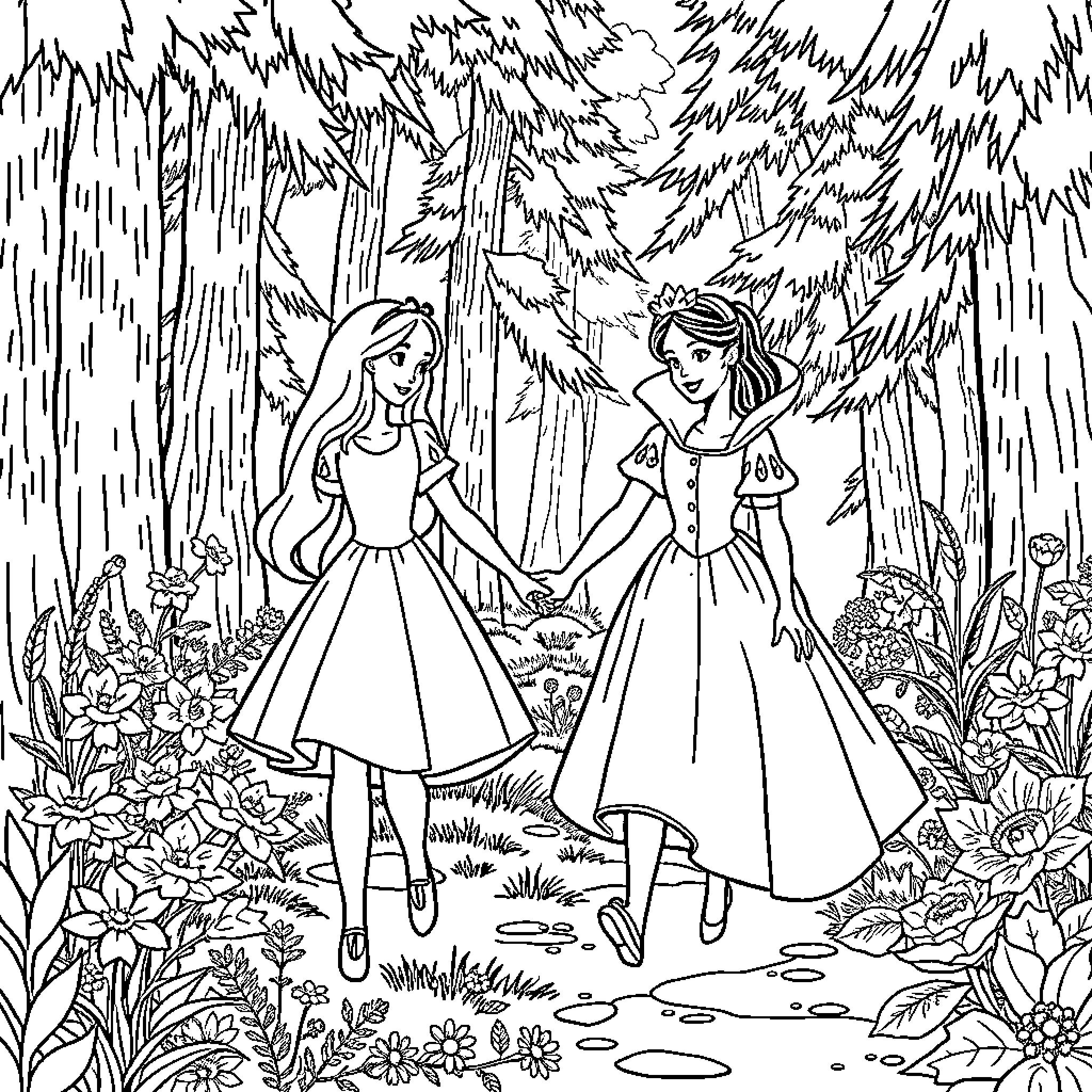 Alice and friend exploring the enchanted forest Coloring Page (free black-and-white line drawing printable PDF for all, from beginners to advanced learners, including children, teens, adults, and seniors)