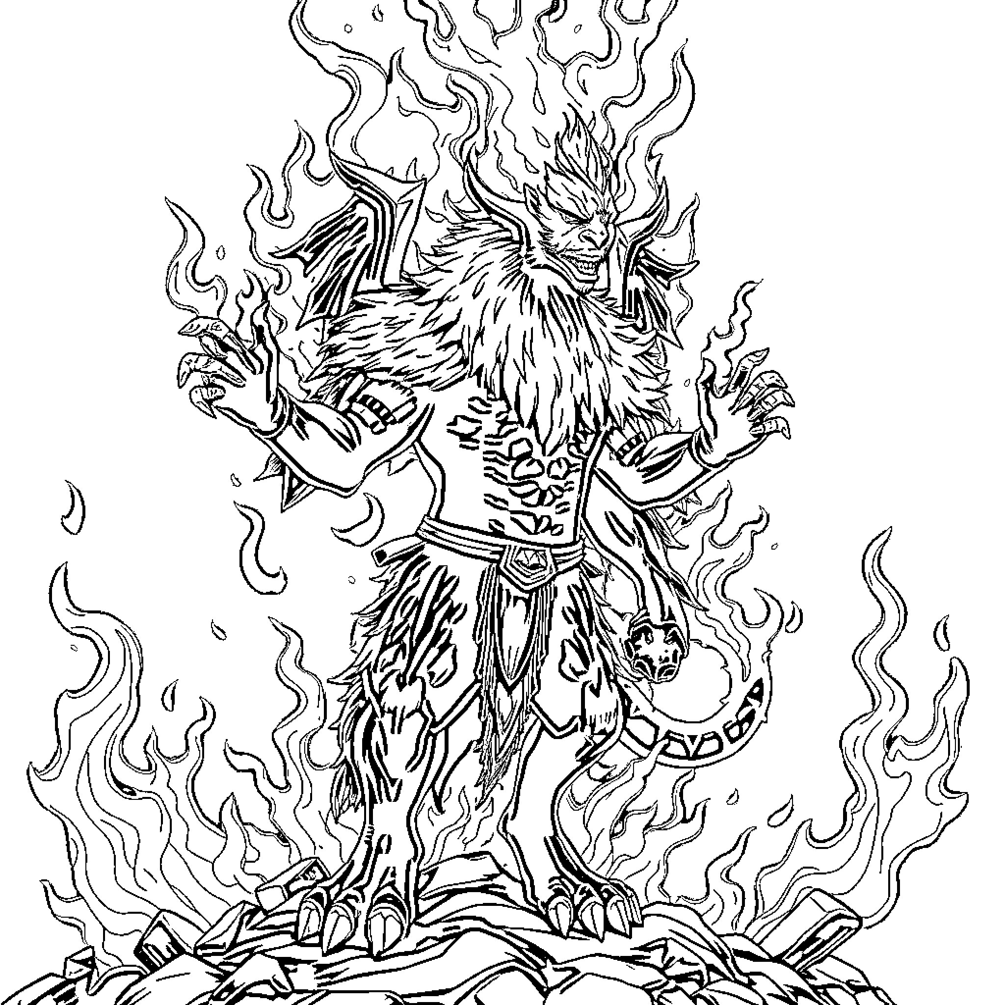 Fenrir - Fierce wolf deity surrounded by flames Coloring Page (free black-and-white line drawing printable PDF for all, from beginners to advanced learners, including children, teens, adults, and seniors)