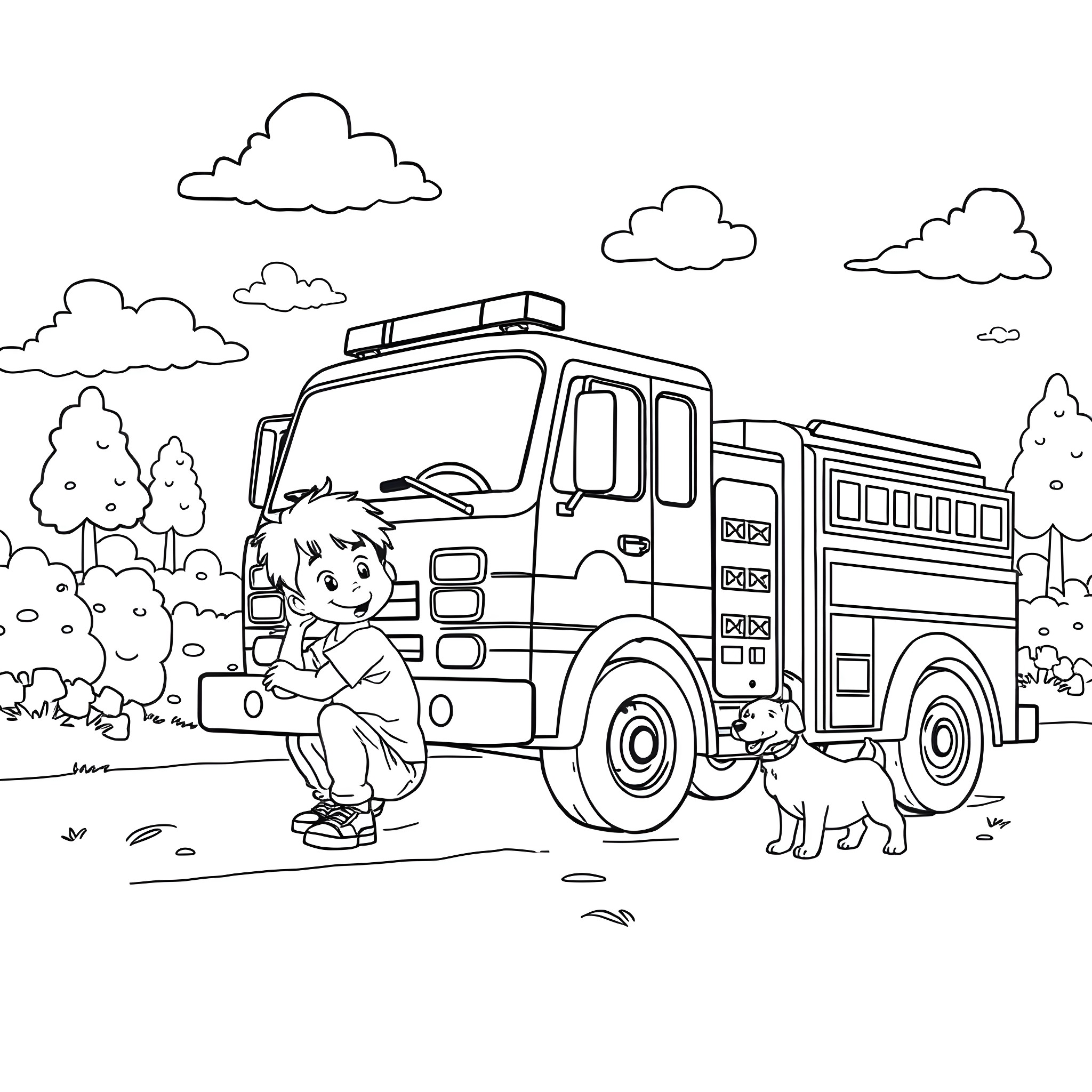 Boy explores fire truck with his pet dog Coloring Page (free black-and-white line drawing printable PDF for all, from beginners to advanced learners, including children, teens, adults, and seniors)