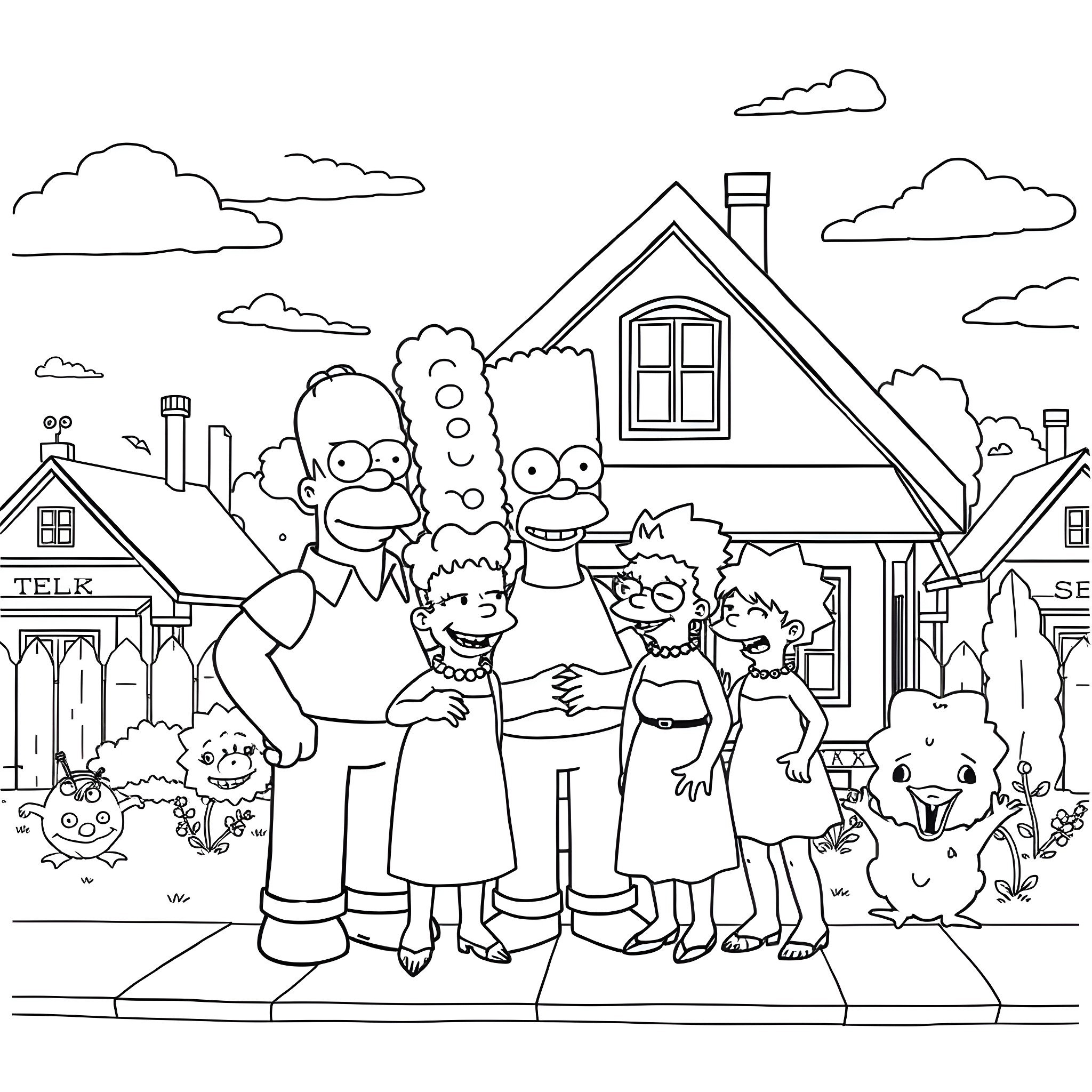 Simpson family enjoying a peaceful day outdoors Coloring Page (free black-and-white line drawing printable PDF for all, from beginners to advanced learners, including children, teens, adults, and seniors)