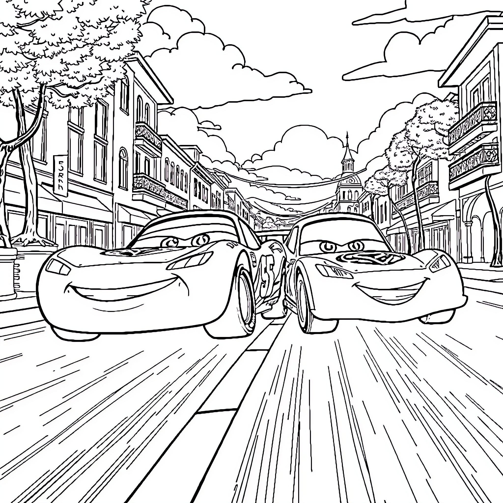 Flash McQueen and Friends Racing Through the Town Coloring Page (free black-and-white line drawing printable PDF for all, from beginners to advanced learners, including children, teens, adults, and seniors)