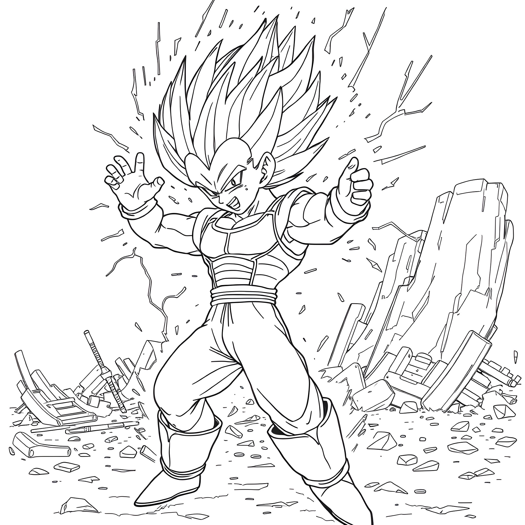 Vegeta's Explosive Power Unleashed Coloring Page (free black-and-white line drawing printable PDF for all, from beginners to advanced learners, including children, teens, adults, and seniors)