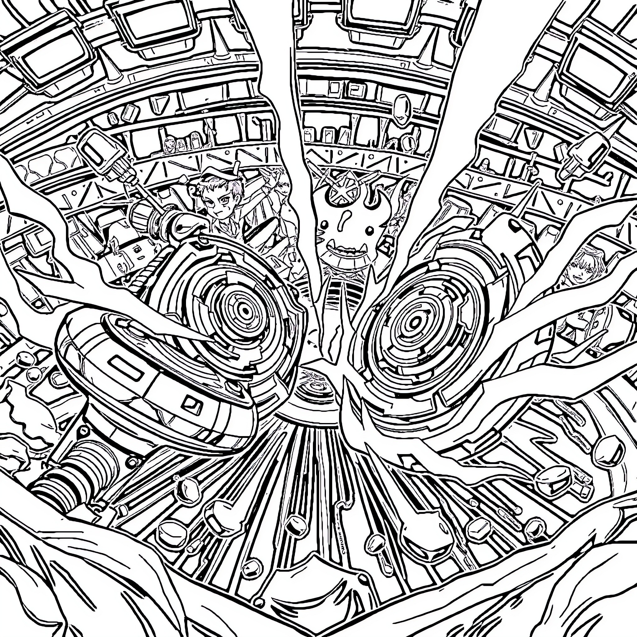 Beyblade battle with intricate machine designs Coloring Page (free black-and-white line drawing printable PDF for all, from beginners to advanced learners, including children, teens, adults, and seniors)